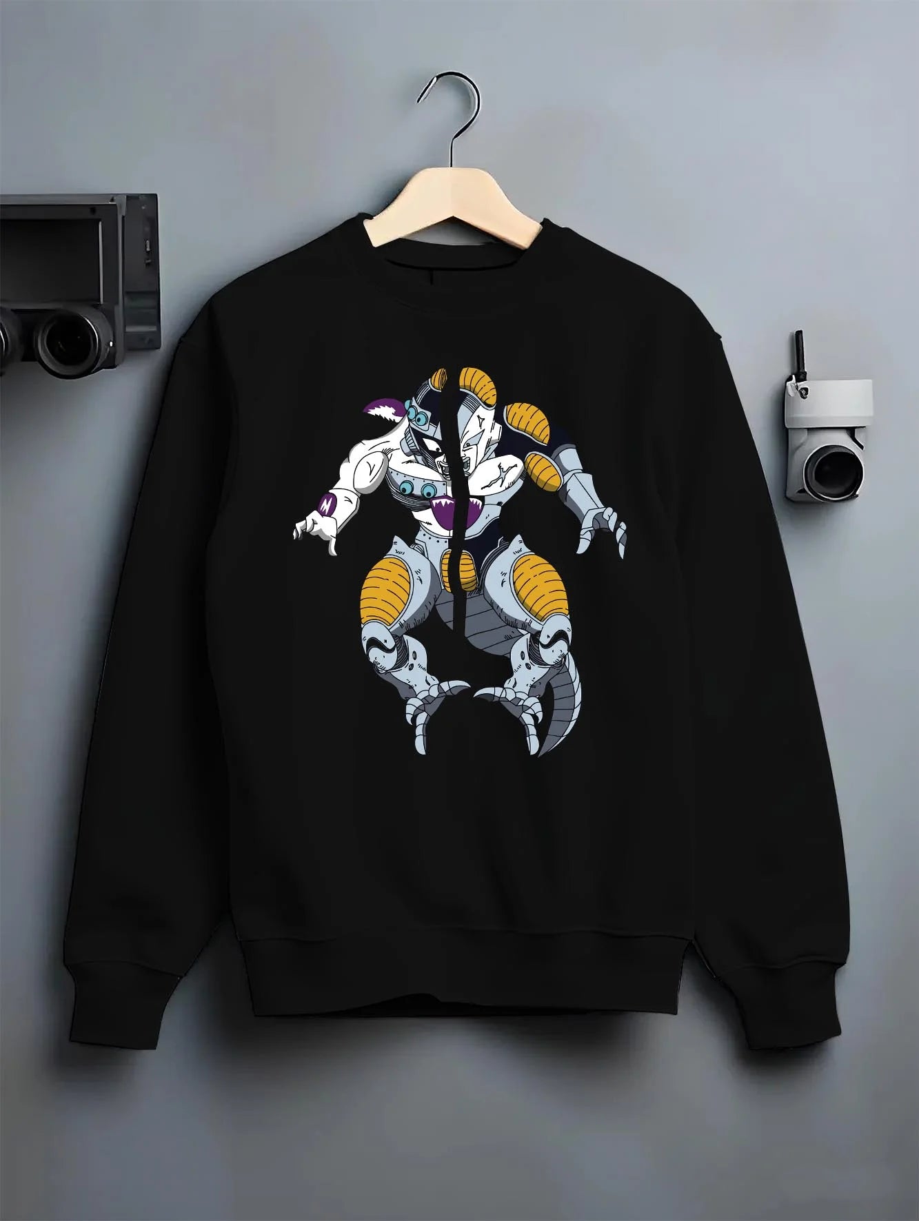 Black crewneck sweatshirt on hanger with Frieza Hoodie Dragon Ball Z Mecha Cyborg Version graphic bold anime graphic.