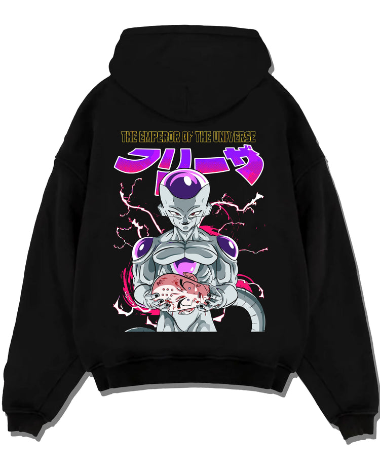 Black pullover hoodie laid flat with Frieza Hoodie Dragon Ball Z Tyrant Emperor Purple graphic premium wear.
