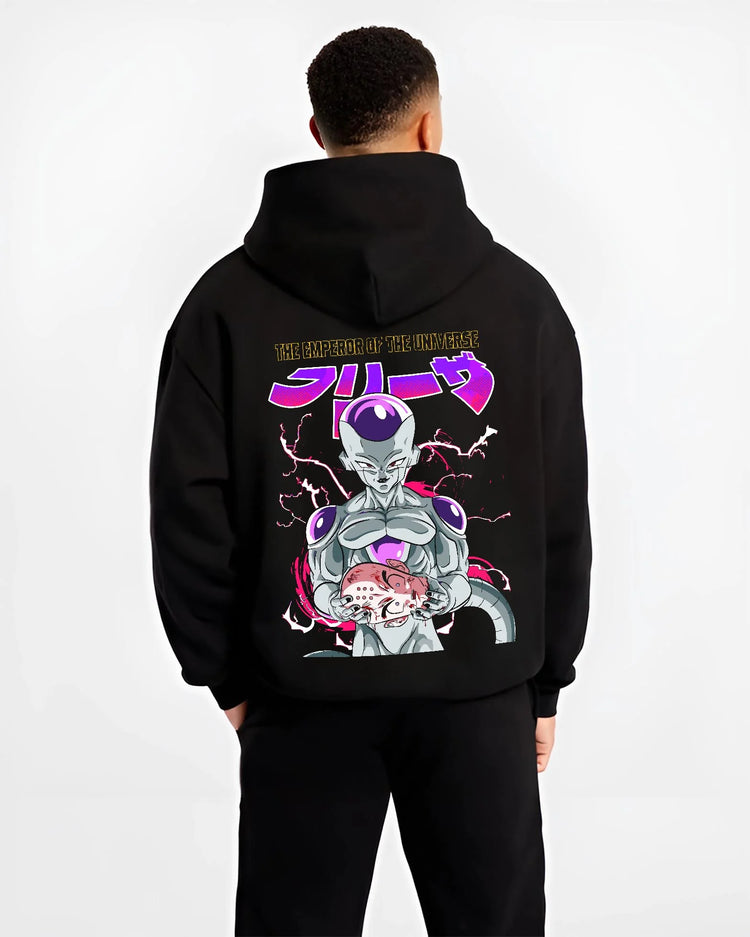 Black hoodie worn by male model, back view with Frieza Hoodie Dragon Ball Z Tyrant Emperor Purple graphic bold anime graphic.