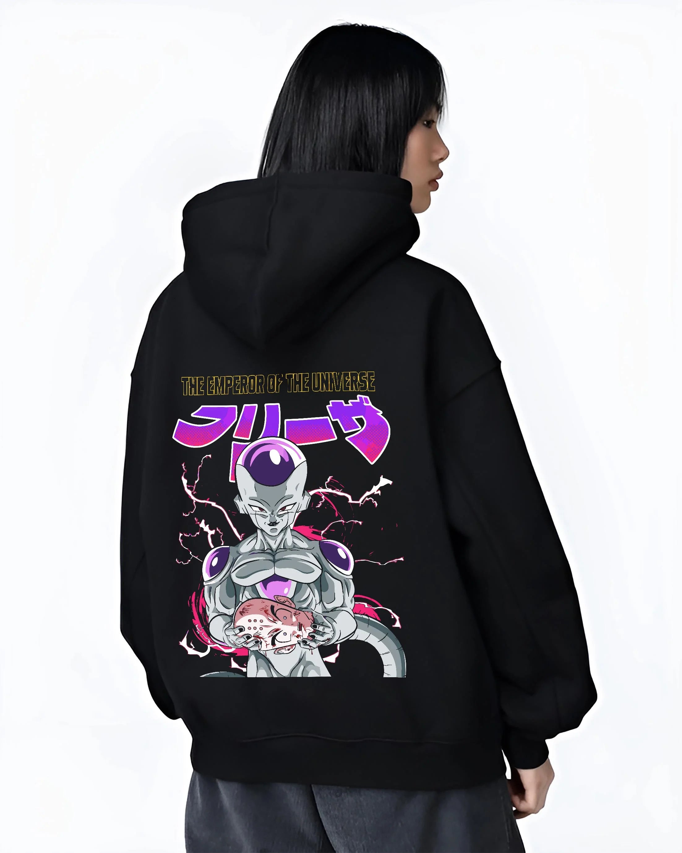 Black hoodie worn by female model, back view with Frieza Hoodie Dragon Ball Z Tyrant Emperor Purple graphic bold anime graphic.