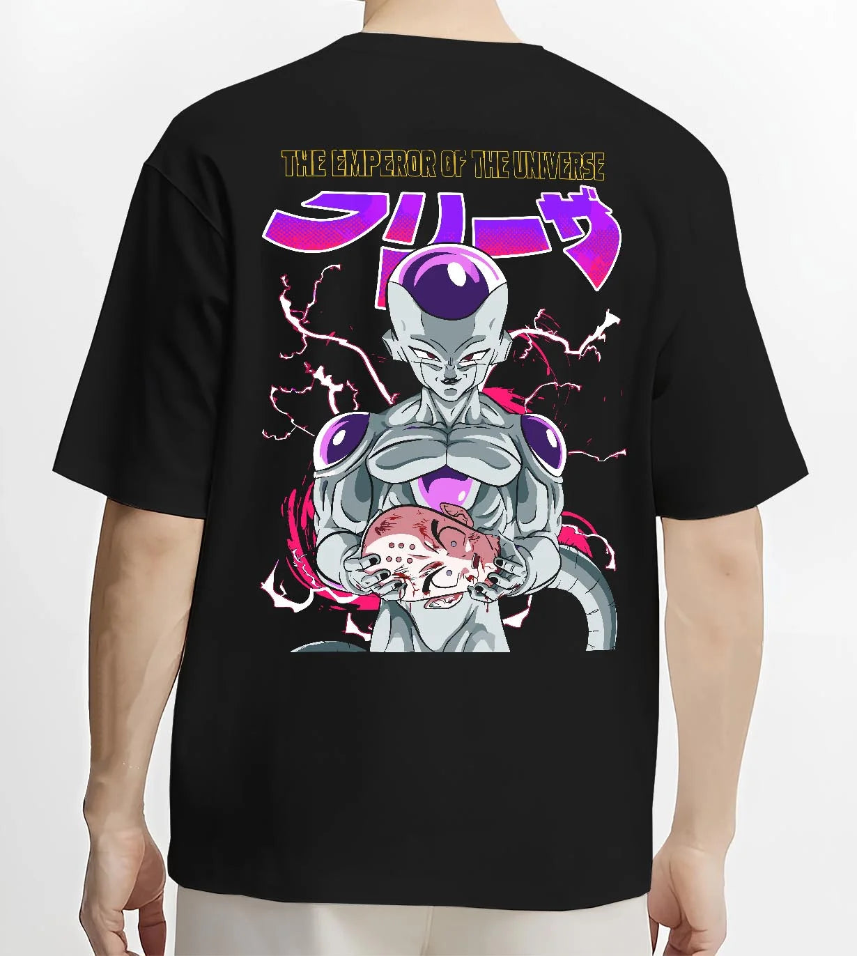 Black T-shirt worn by male model, back view with Frieza Hoodie Dragon Ball Z Tyrant Emperor Purple graphic premium wear.