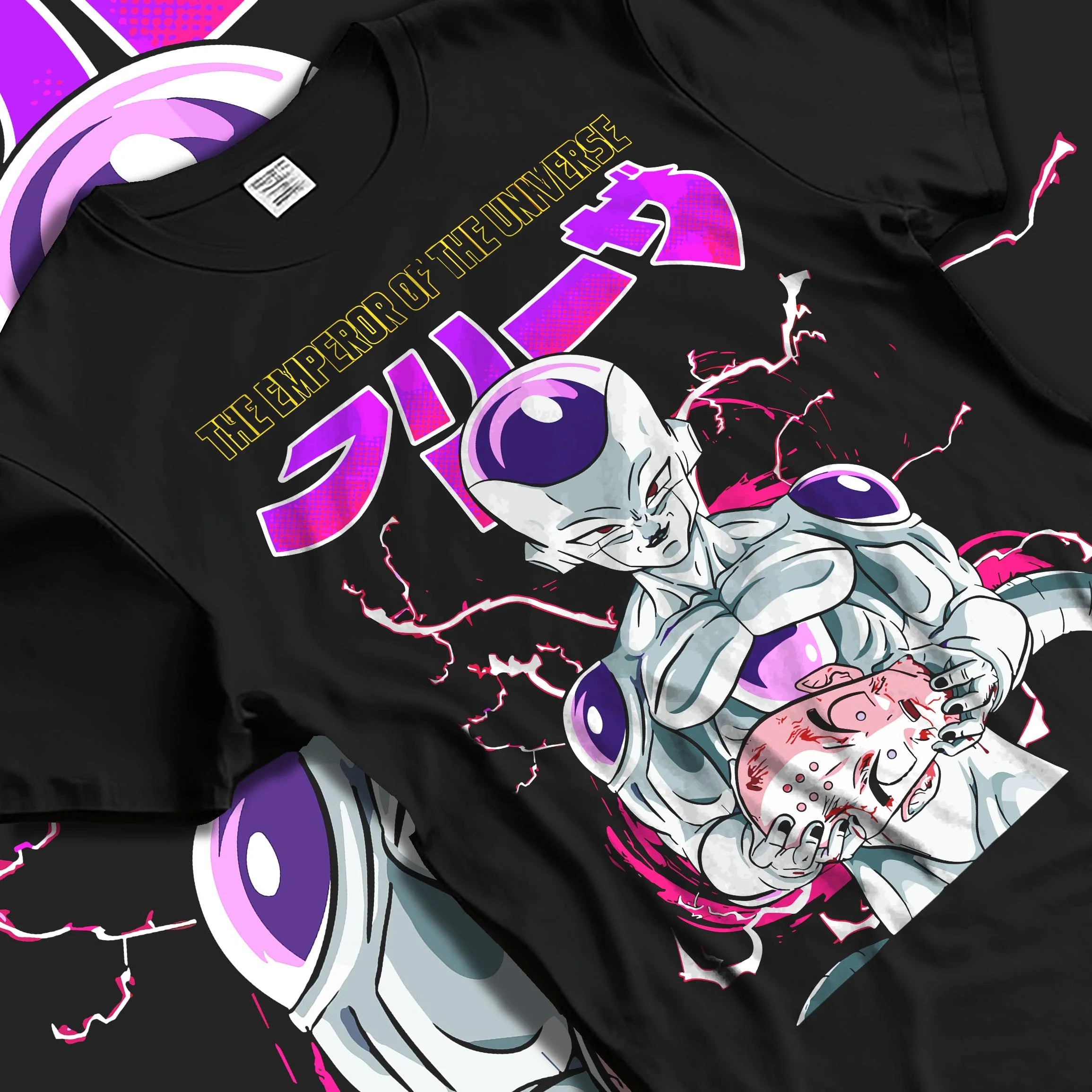 Black T-shirt laid flat with natural folds with Frieza Hoodie Dragon Ball Z Tyrant Emperor Purple graphic premium wear.