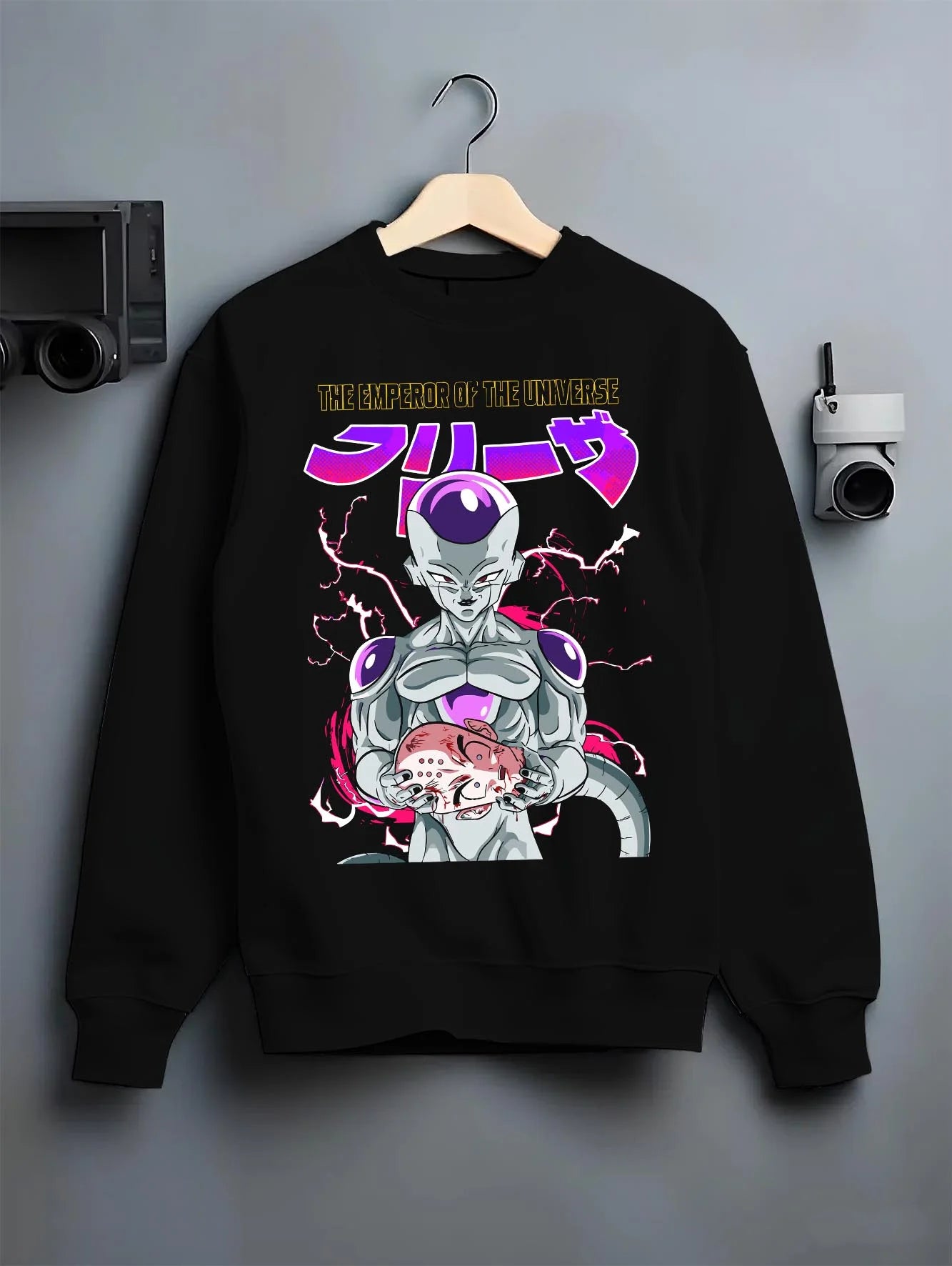 Black crewneck sweatshirt on hanger with Frieza Hoodie Dragon Ball Z Tyrant Emperor Purple graphic bold anime graphic.