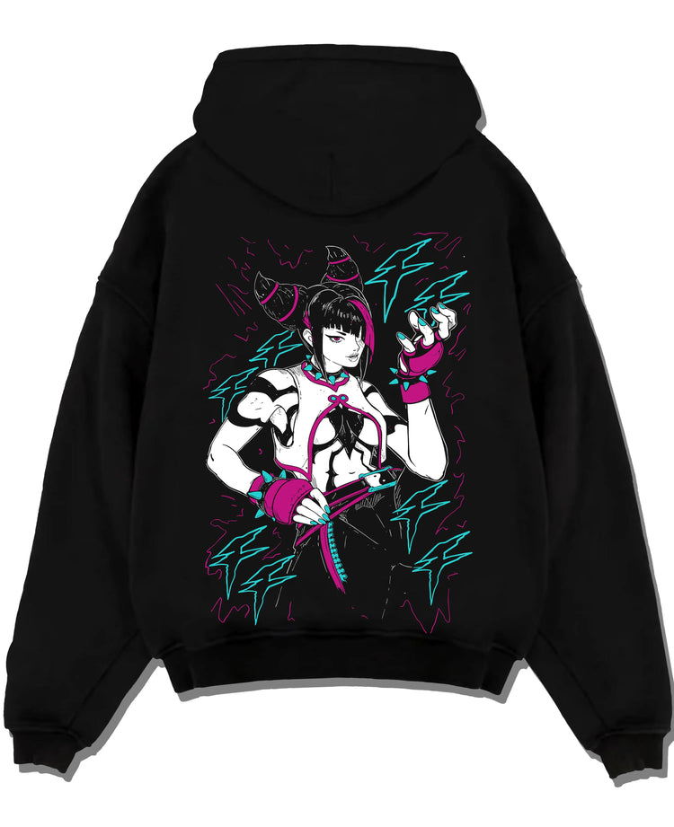 Black pullover hoodie laid flat featuring Jolyne Cujoh JoJo’s Bizarre Adventure design with lightning aura, anime poster inspired bold streetwear look.