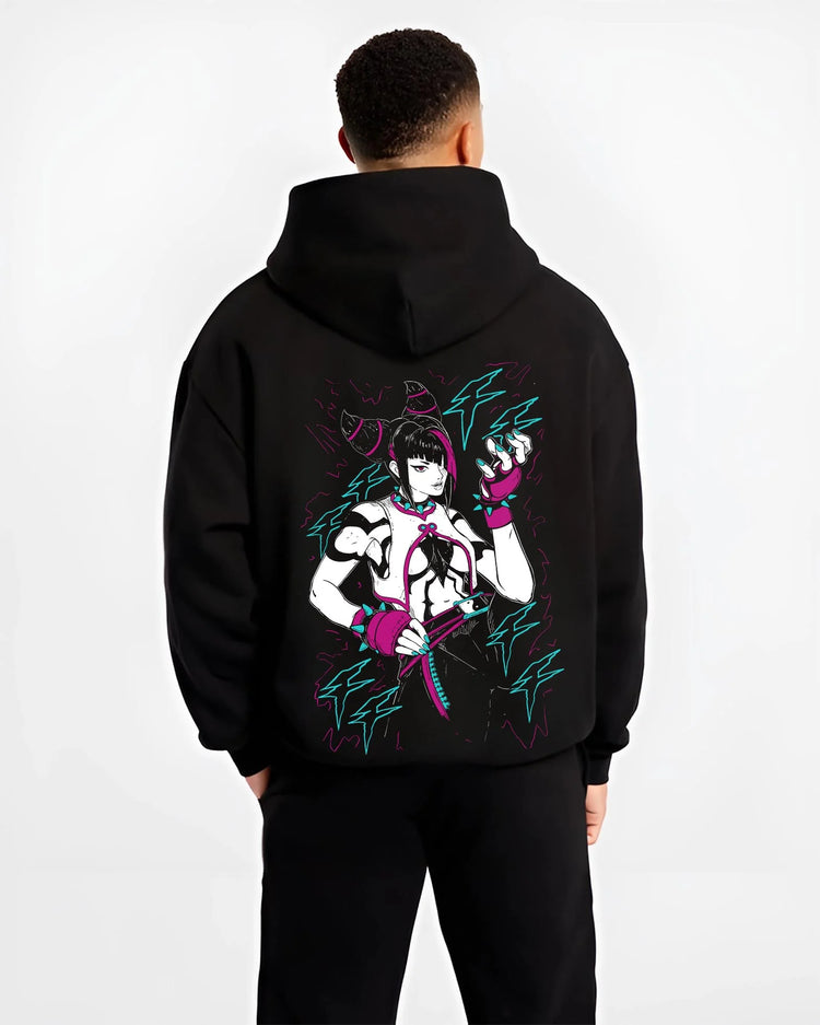 Black hoodie worn by male model, back view showcasing Jolyne Cujoh Stone Ocean graphic, retro manga artwork print with Japanese animation streetwear vibe.