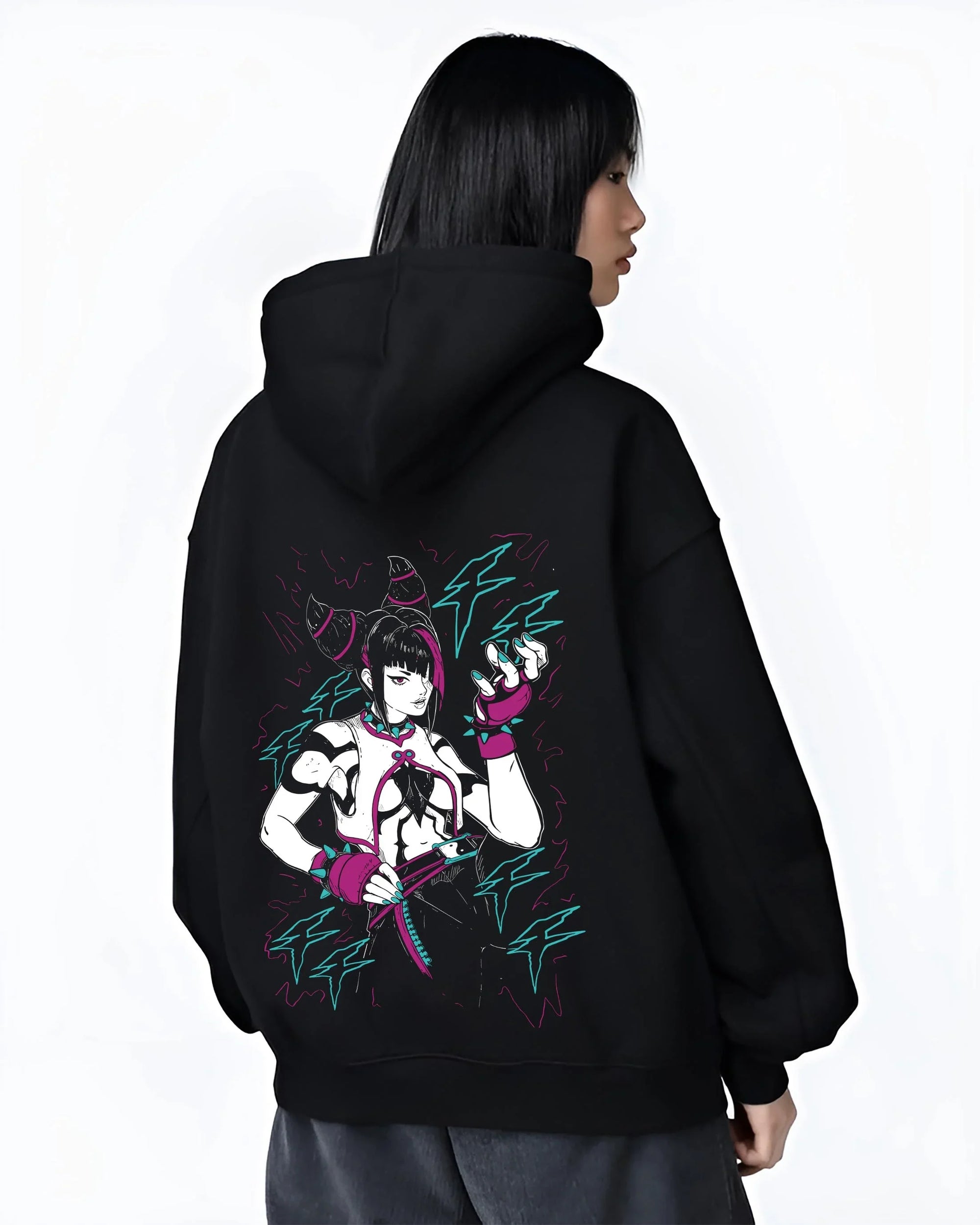 Black hoodie worn by female model, back view highlighting Jolyne Cujoh JoJo’s Bizarre Adventure motif, cyberpunk anime aesthetic with striking bold pose.