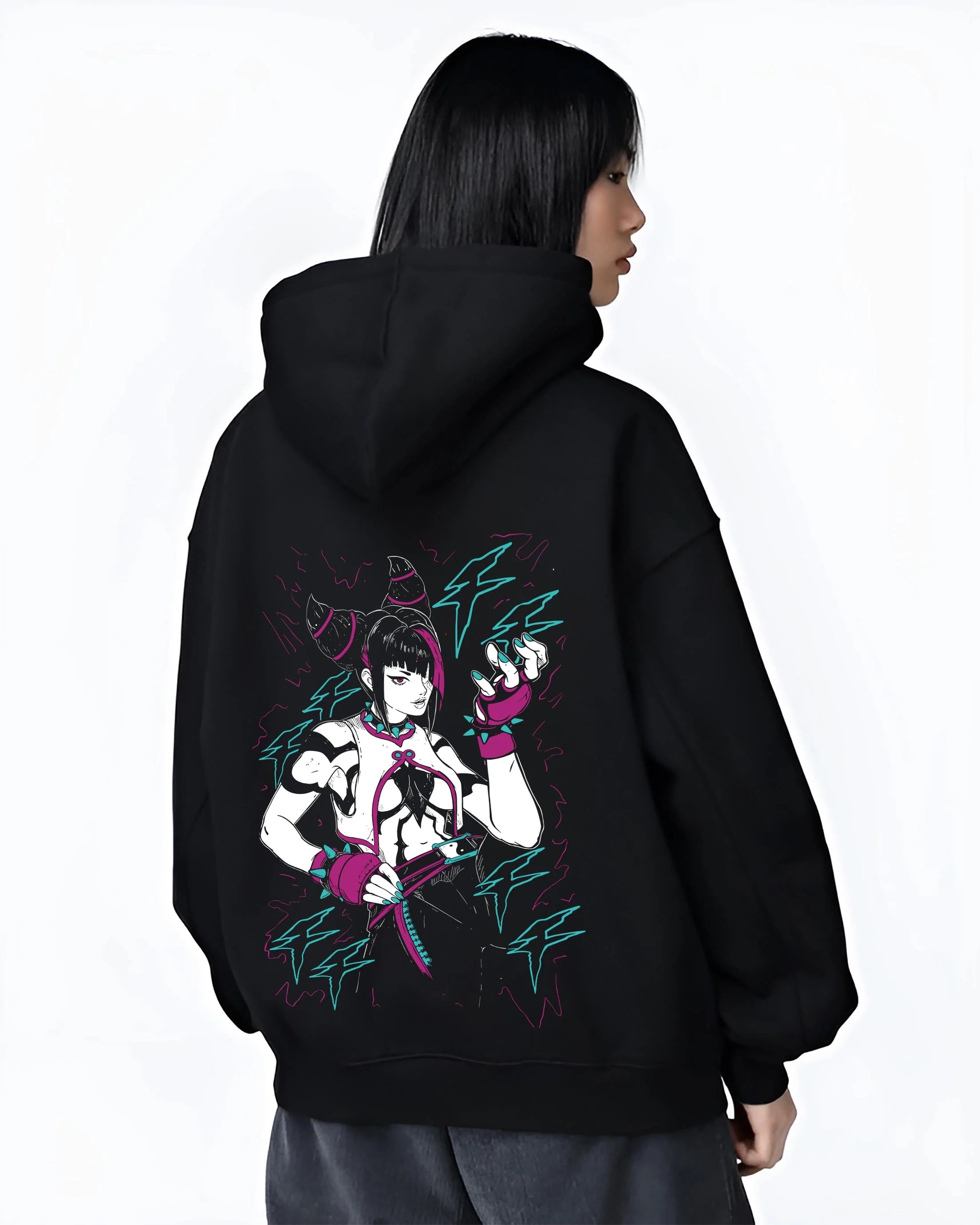 Black hoodie worn by female model, back view highlighting Jolyne Cujoh JoJo’s Bizarre Adventure motif, cyberpunk anime aesthetic with striking bold pose.
