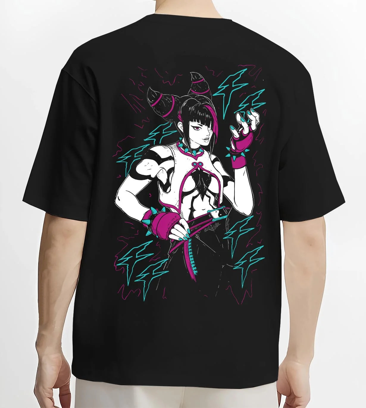 Black T-shirt worn by male model, back view displaying Jolyne Cujoh Stone Ocean artwork with dark manga panel inspired design and anime streetwear details.