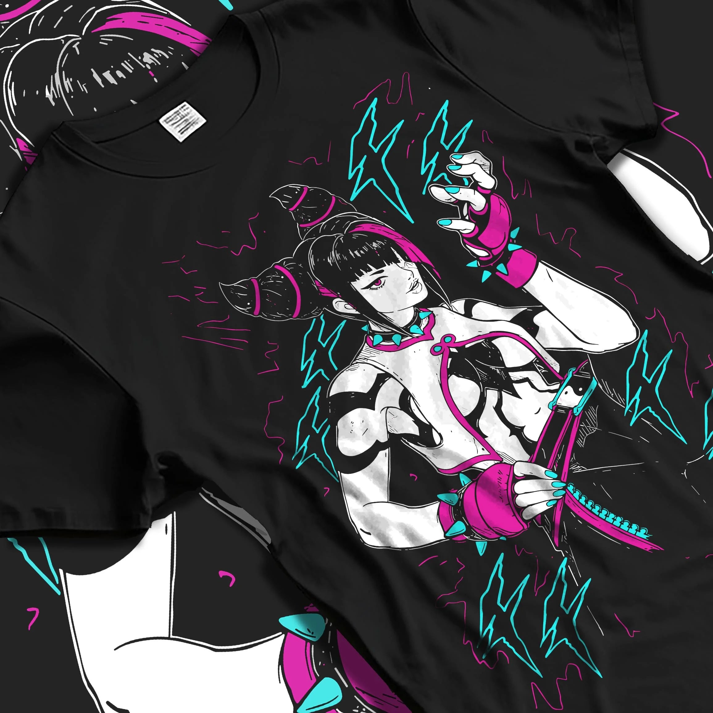 Black T-shirt laid flat with natural folds featuring Jolyne Cujoh JoJo’s Bizarre Adventure graphic, vaporwave retro lightning aura anime clothing print.