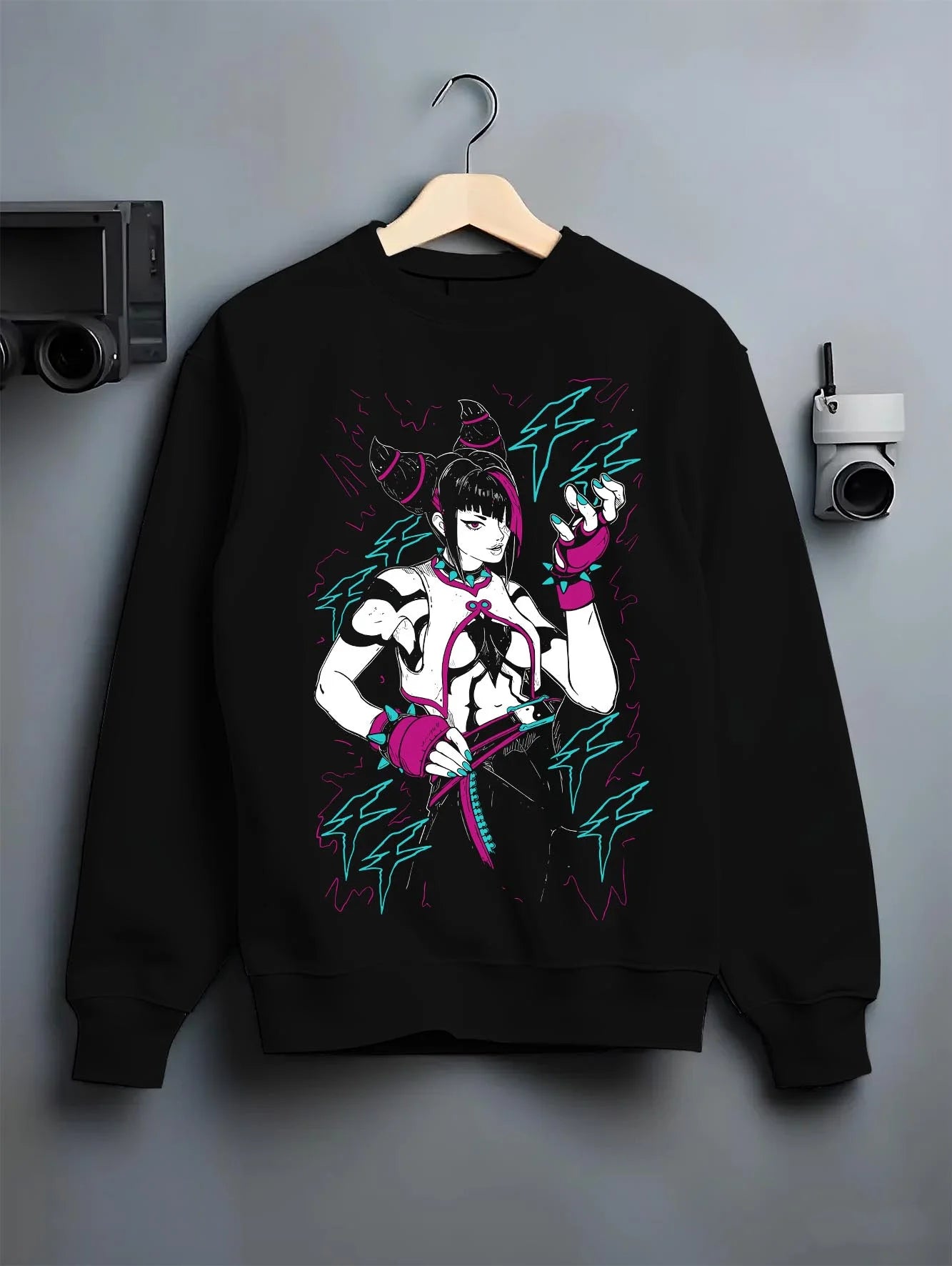 Black crewneck sweatshirt on hanger with Jolyne Cujoh Stone Ocean anime graphic, nostalgic 90s graphic style, premium Kunai anime streetwear piece.