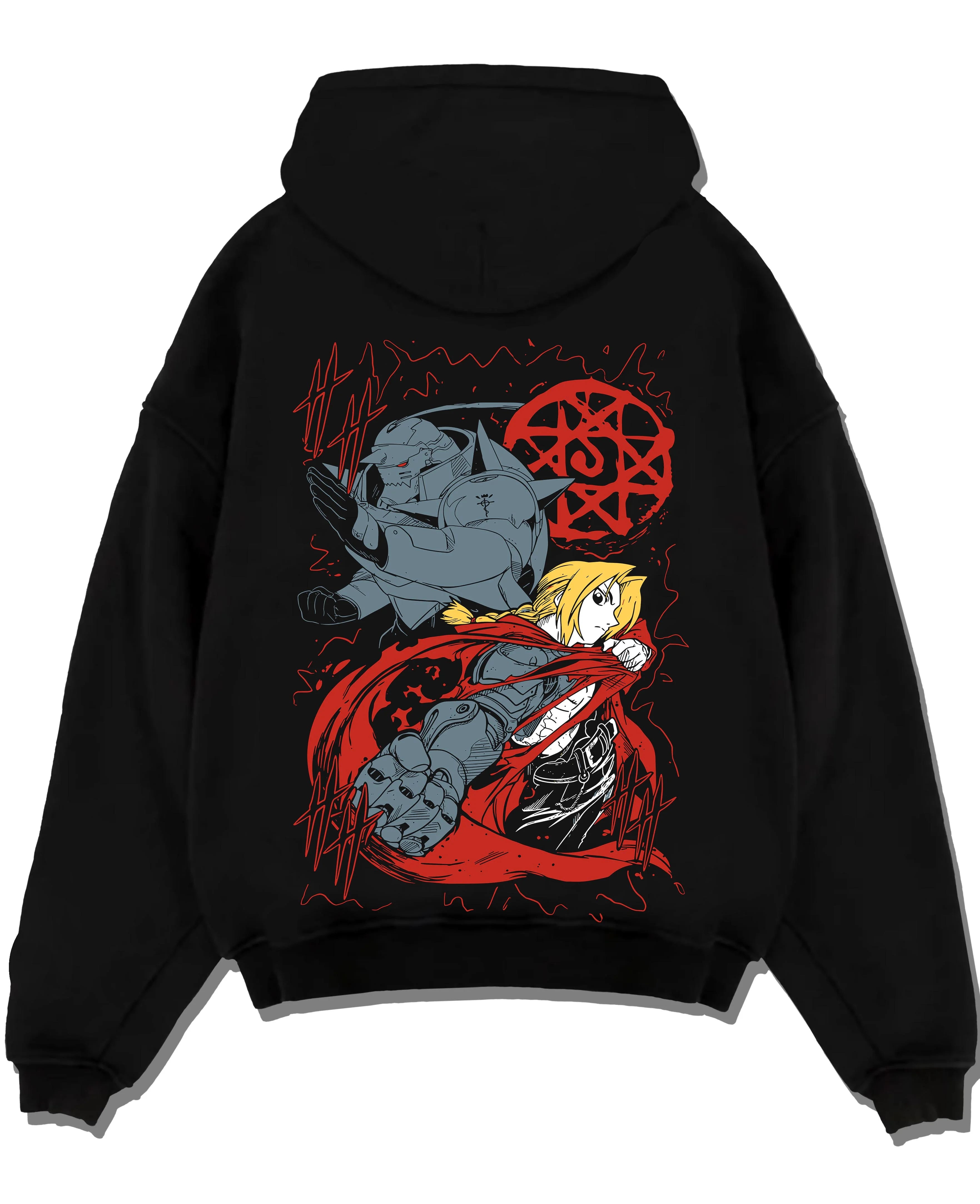 Black pullover hoodie laid flat with Edward Elric Hoodie Fullmetal Alchemist Red Energy graphic streetwear graphic.