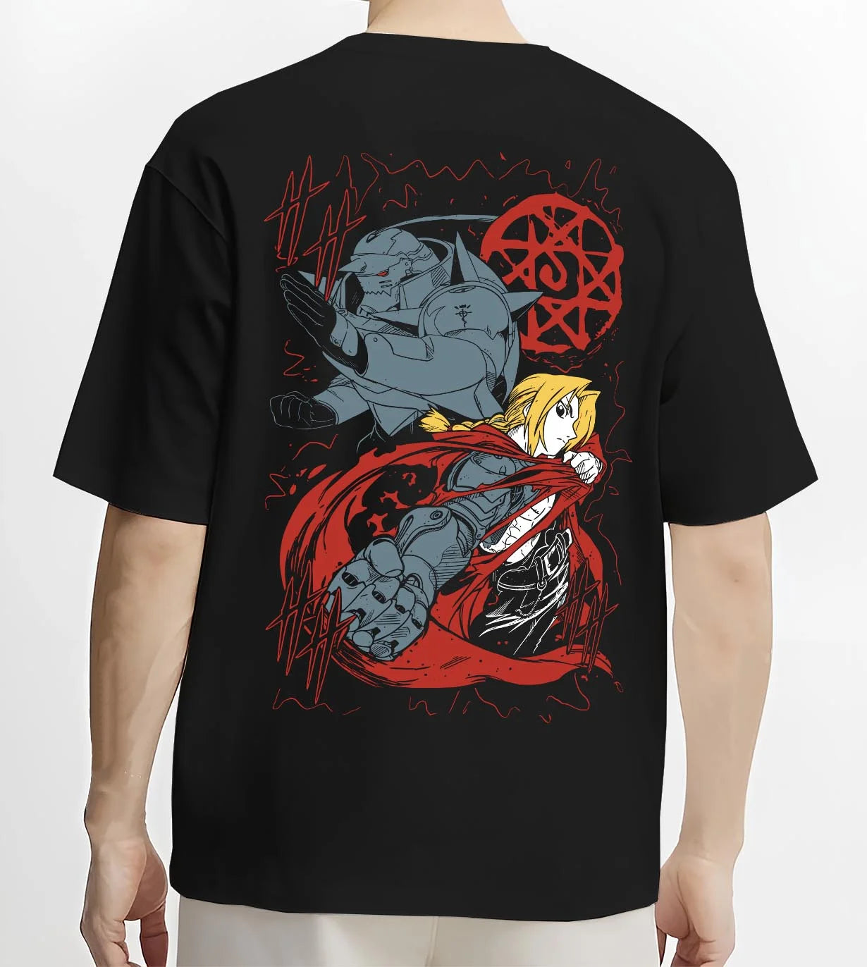 Black T-shirt worn by male model, back view with Edward Elric Hoodie Fullmetal Alchemist Red Energy graphic premium wear.