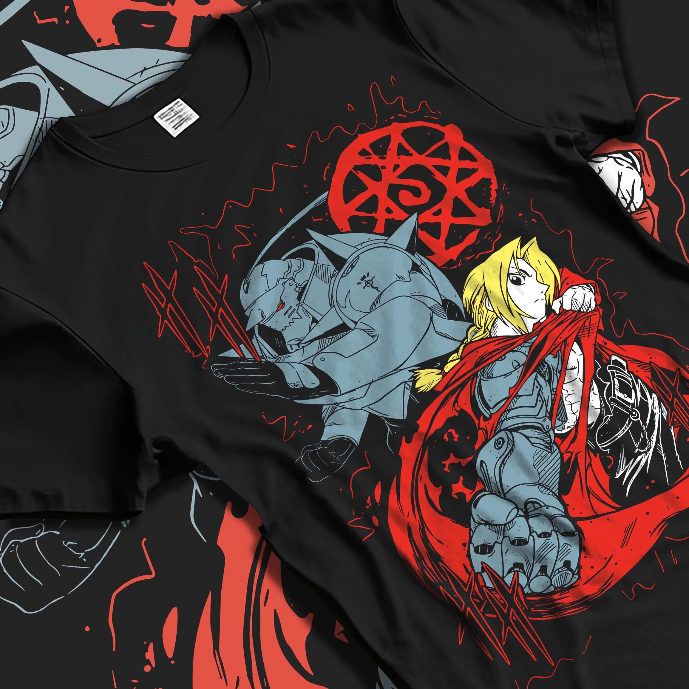 Black T-shirt laid flat with natural folds with Edward Elric Hoodie Fullmetal Alchemist Red Energy graphic premium wear.