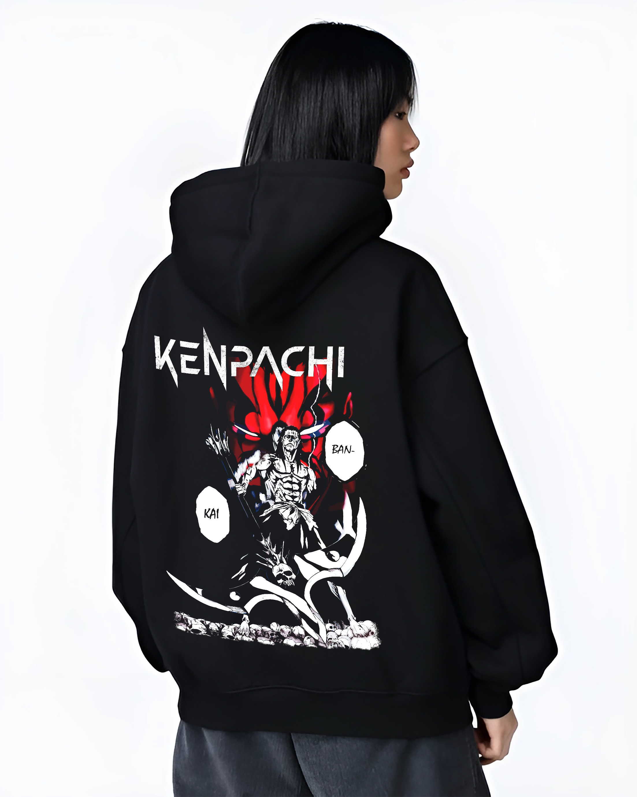 Black hoodie worn by a female model, back view, featuring Bleach Kenpachi Bankai anime poster inspired design with demonic face and battlefield skull details.