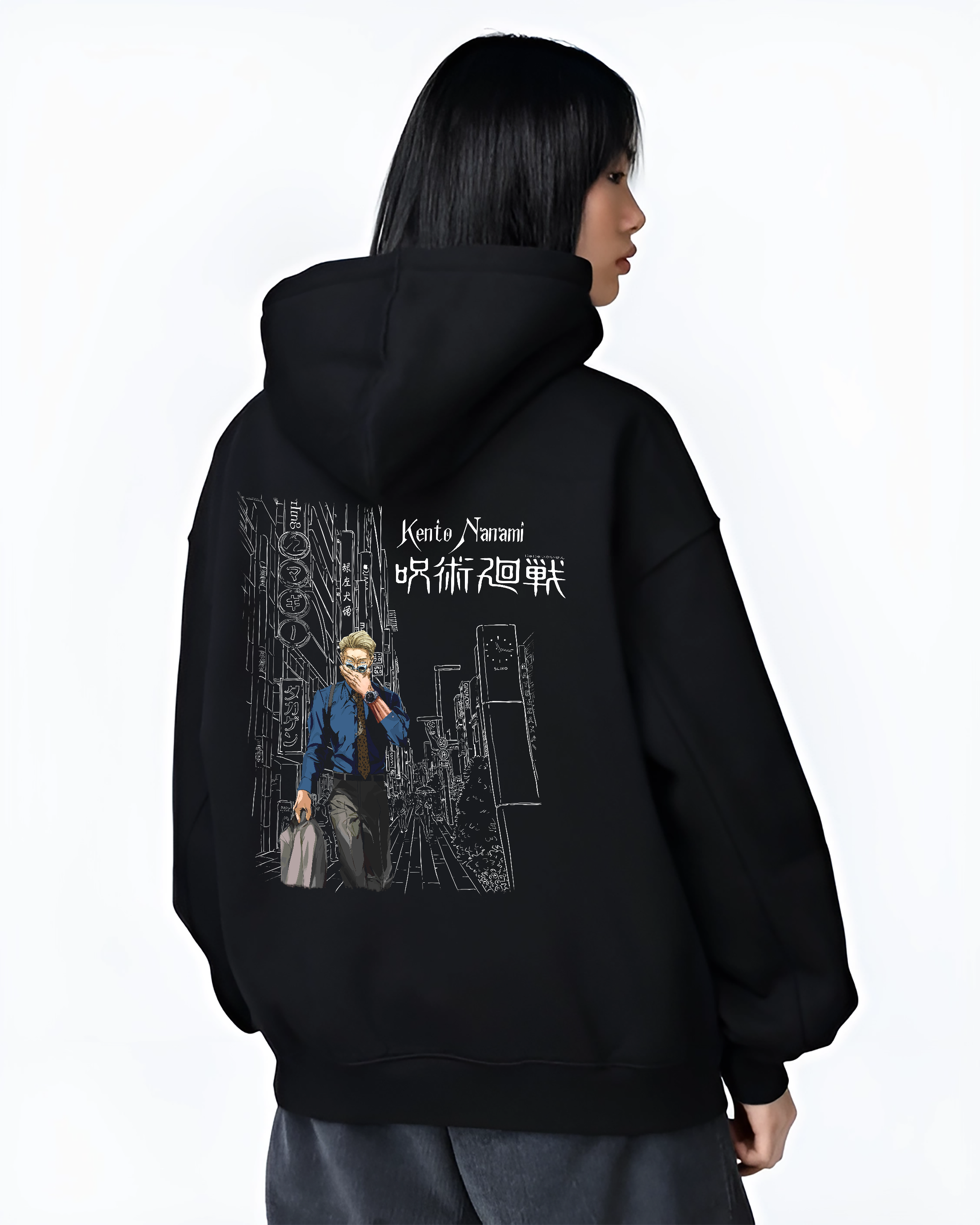 Black hoodie worn by a female model, back view, featuring Jujutsu Kaisen Nanami Kento retro manga graphic with stylish city backdrop in neo-noir artwork.