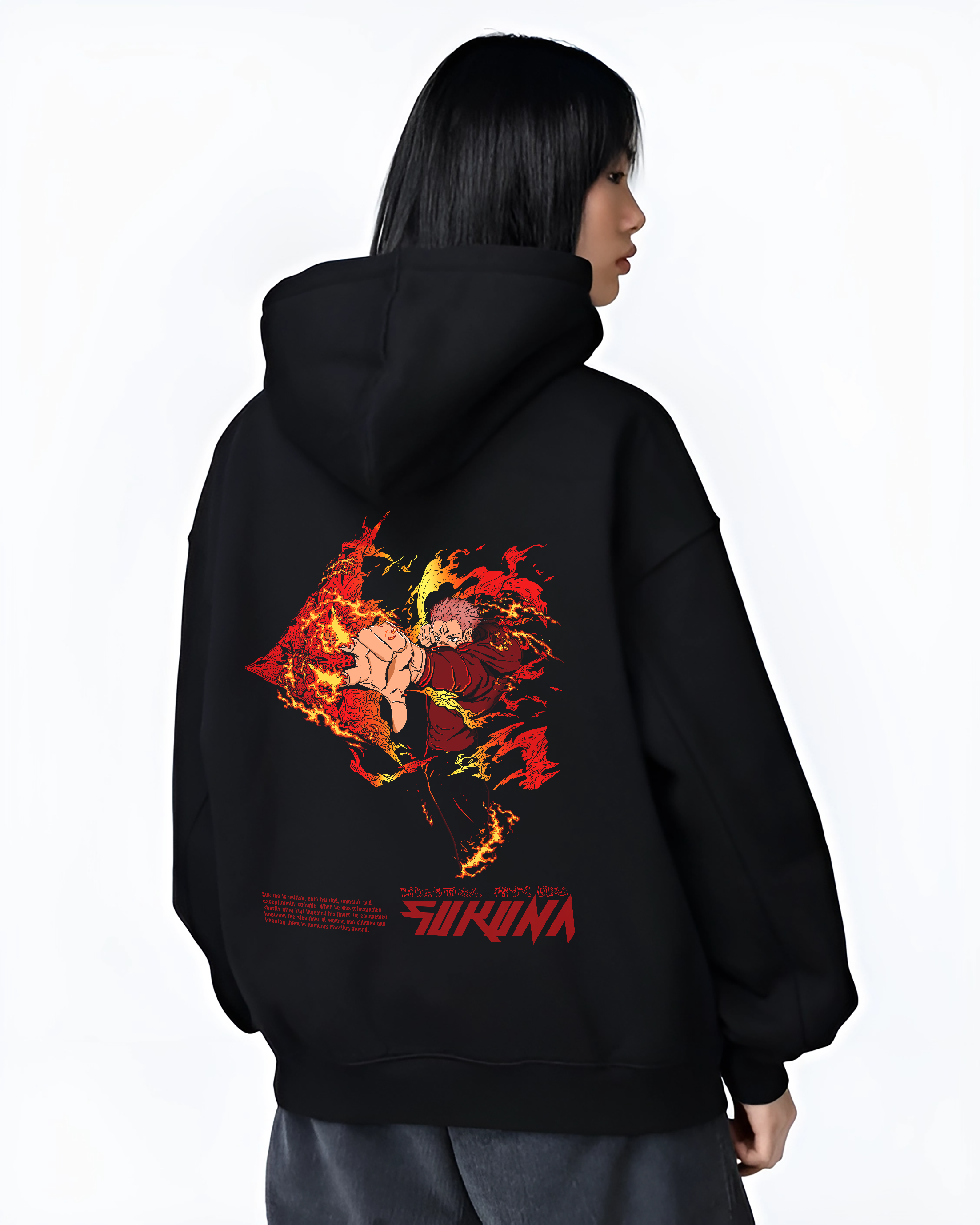 Black hoodie worn by a female model, back view, featuring Jujutsu Kaisen Sukuna retro manga artwork print with cursed flames and shonen battle character inspired design.