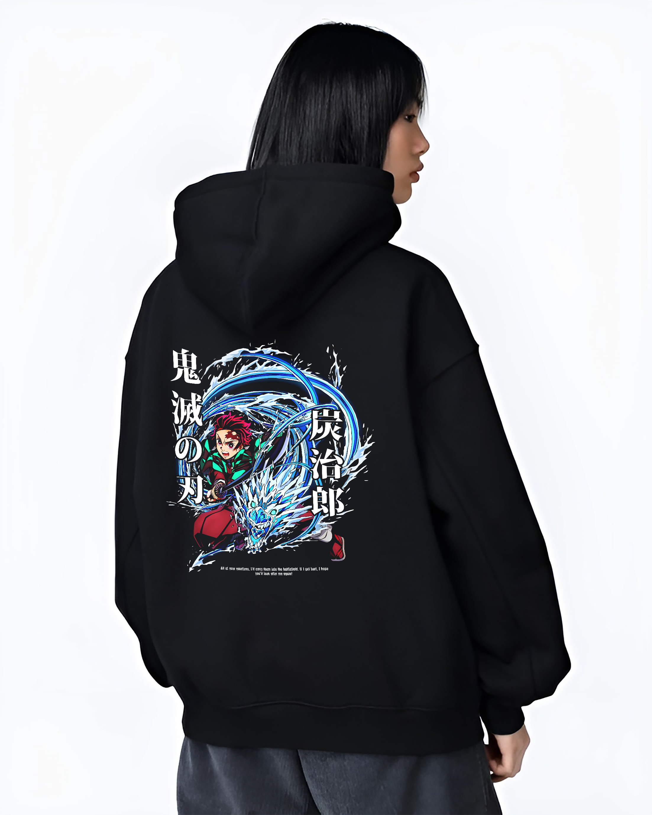 Black hoodie worn by a female model, back view, featuring Demon Slayer Tanjiro Kamado poster inspired design with sweeping Water Breathing dragon and battle pose.