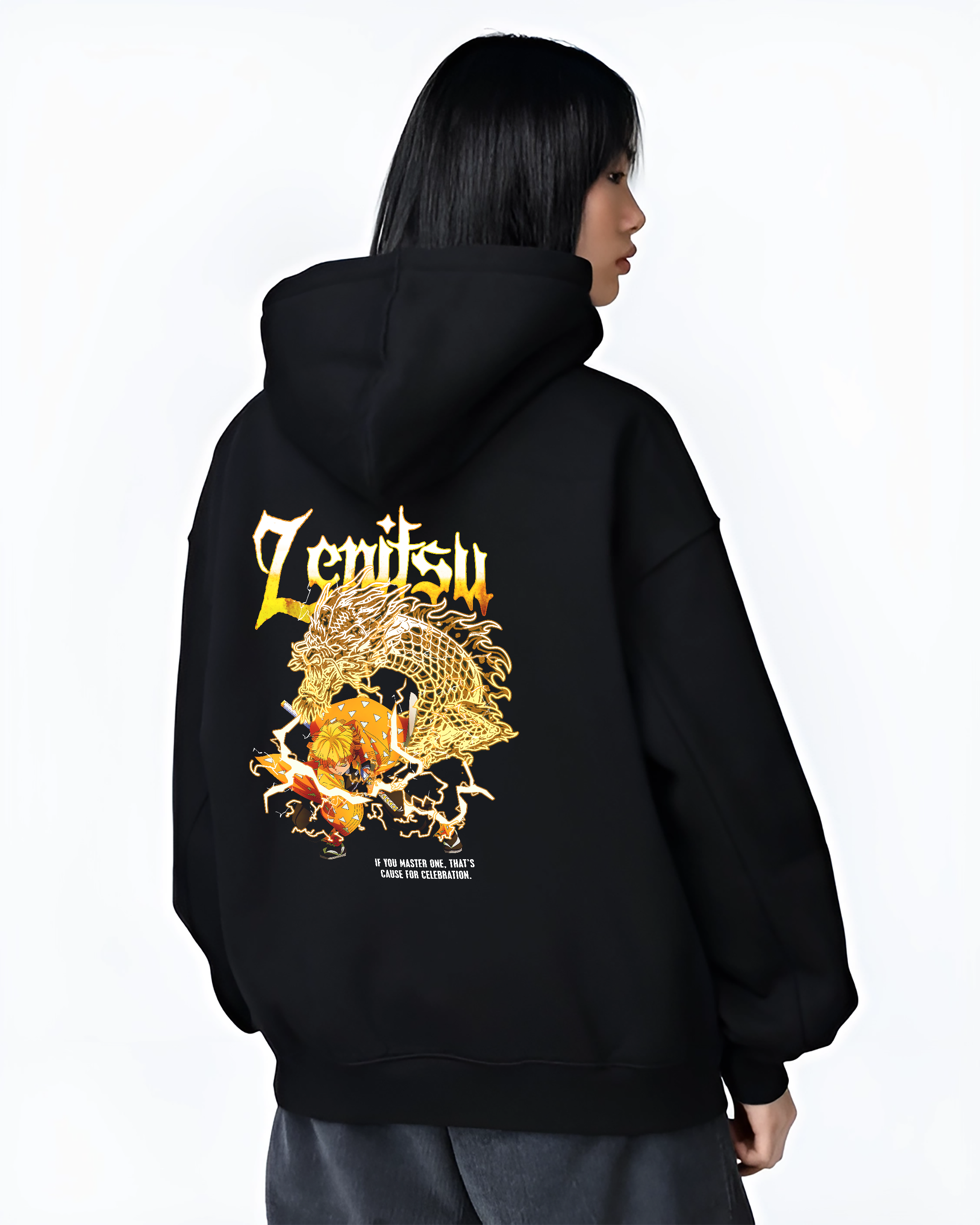 Black T-shirt worn by a male model, back view, featuring Zenitsu from Demon Slayer in anime poster inspired design with glowing lightning and retro manga artwork print.