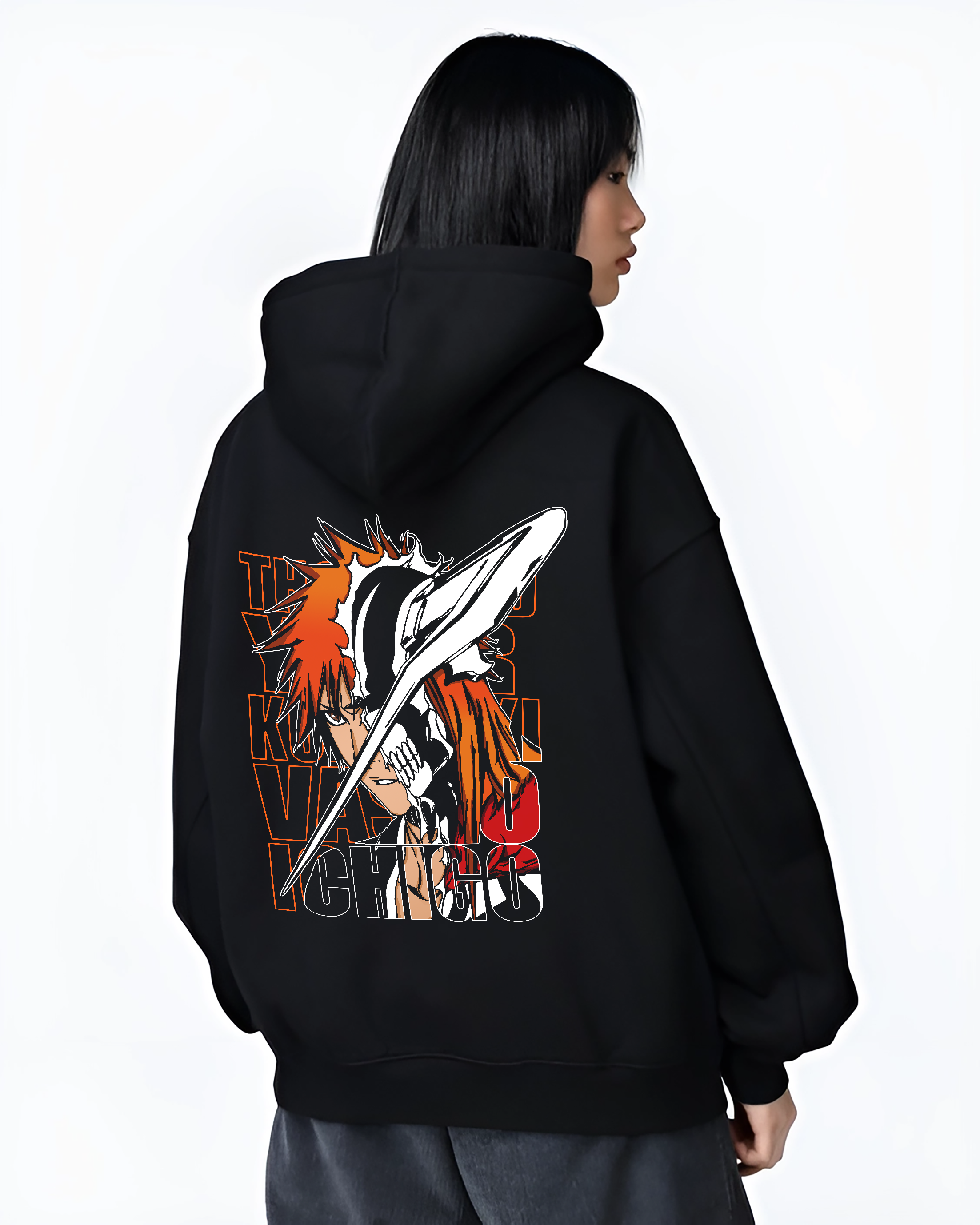 Black hoodie worn by a female model, back view, featuring Bleach Ichigo Kurosaki Vasto Lorde anime poster style artwork with dramatic shonen battle character design.