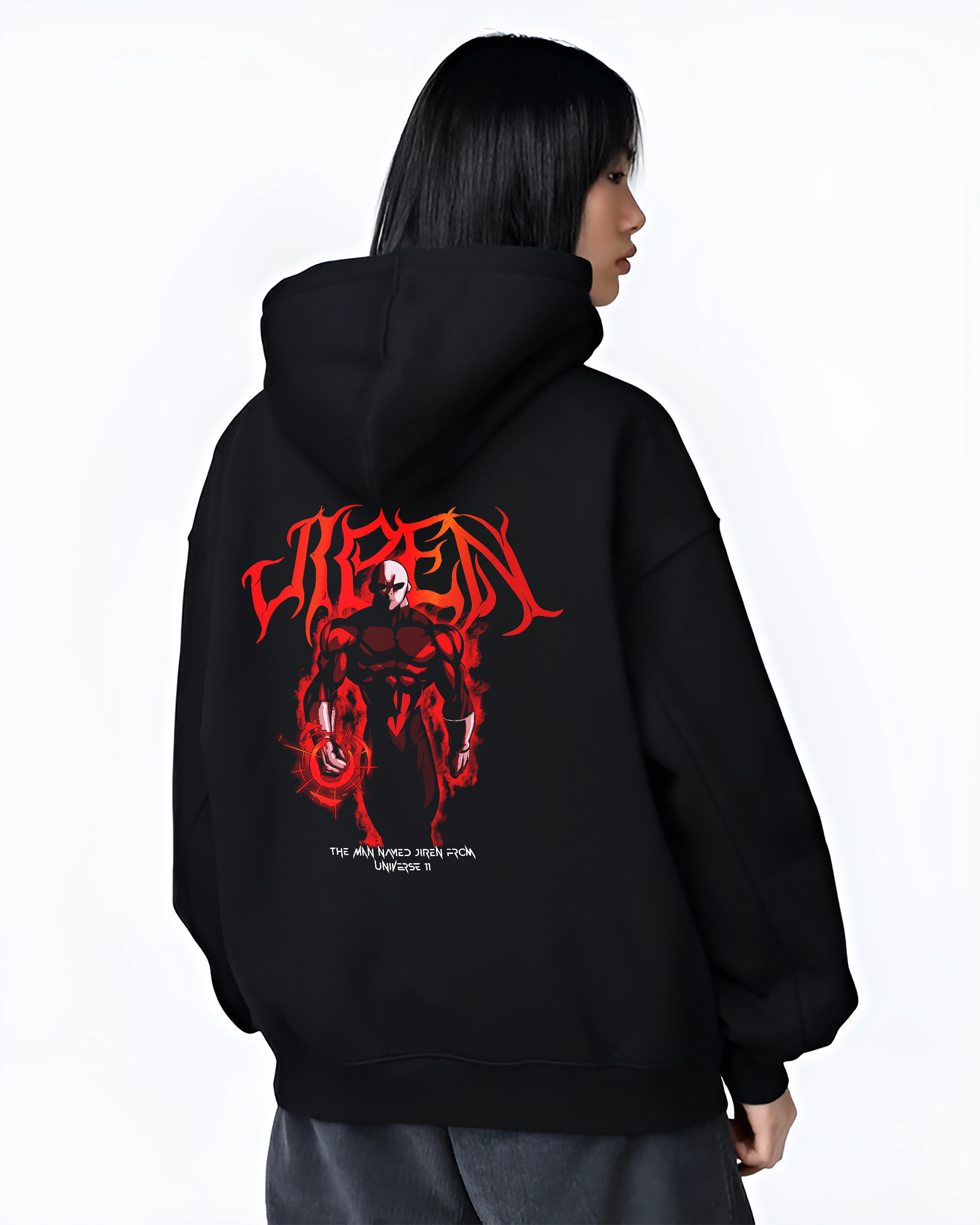 Black hoodie worn by a female model, back view, featuring Dragon Ball Super Jiren retro manga graphic with fiery aura and dramatic anime poster style design.