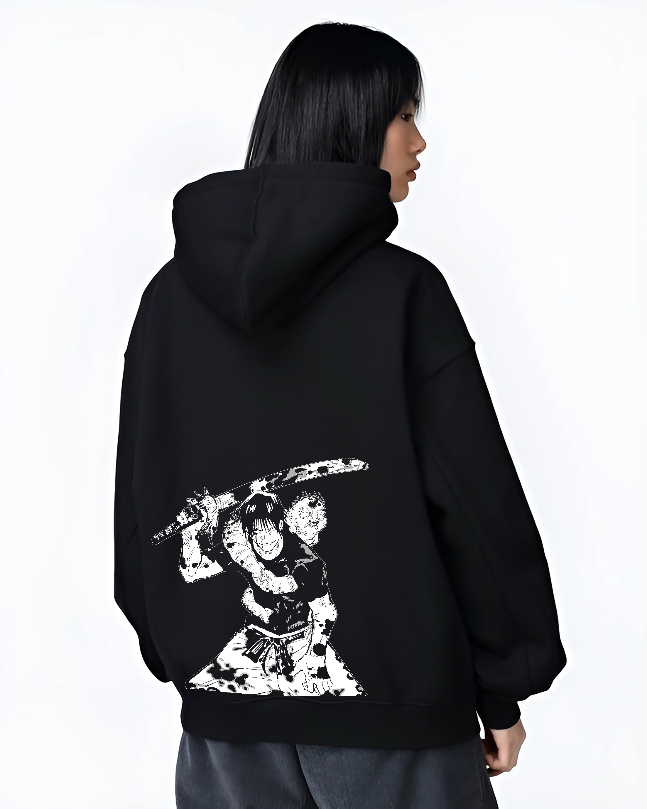 Black hoodie worn by a female model, back view, featuring Jujutsu Kaisen Toji Fushiguro shonen battle character artwork in a cyberpunk anime aesthetic design with bold manga inspired style.