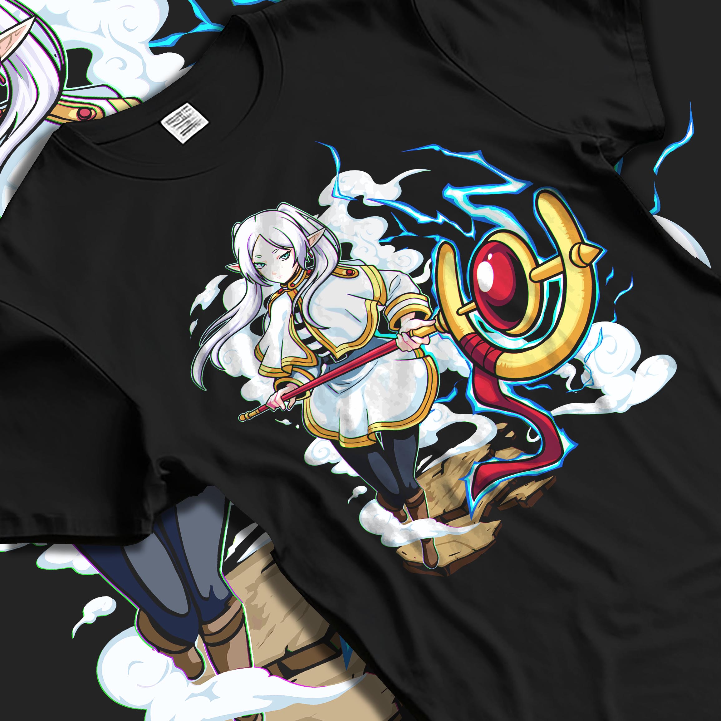 Black T-shirt laid flat with natural fabric folds, featuring Black Clover Mereoleona anime poster artwork with RPG fantasy glowing lightning sword detail.