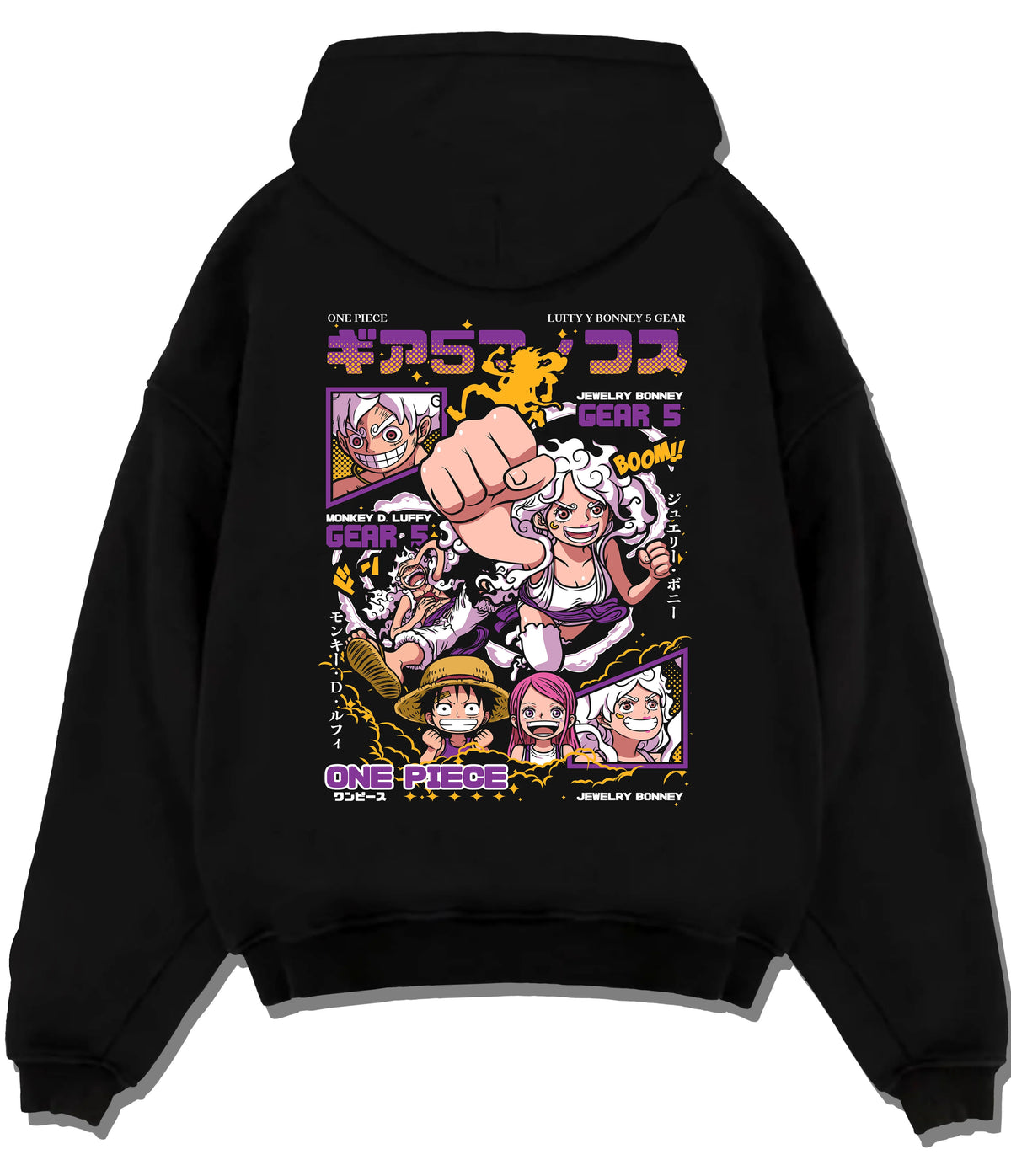 Black hoodie flat back view with Monkey D. Luffy Gear 5 and Jewelry Bonney Gear 5 from One Piece illustrated back graphic