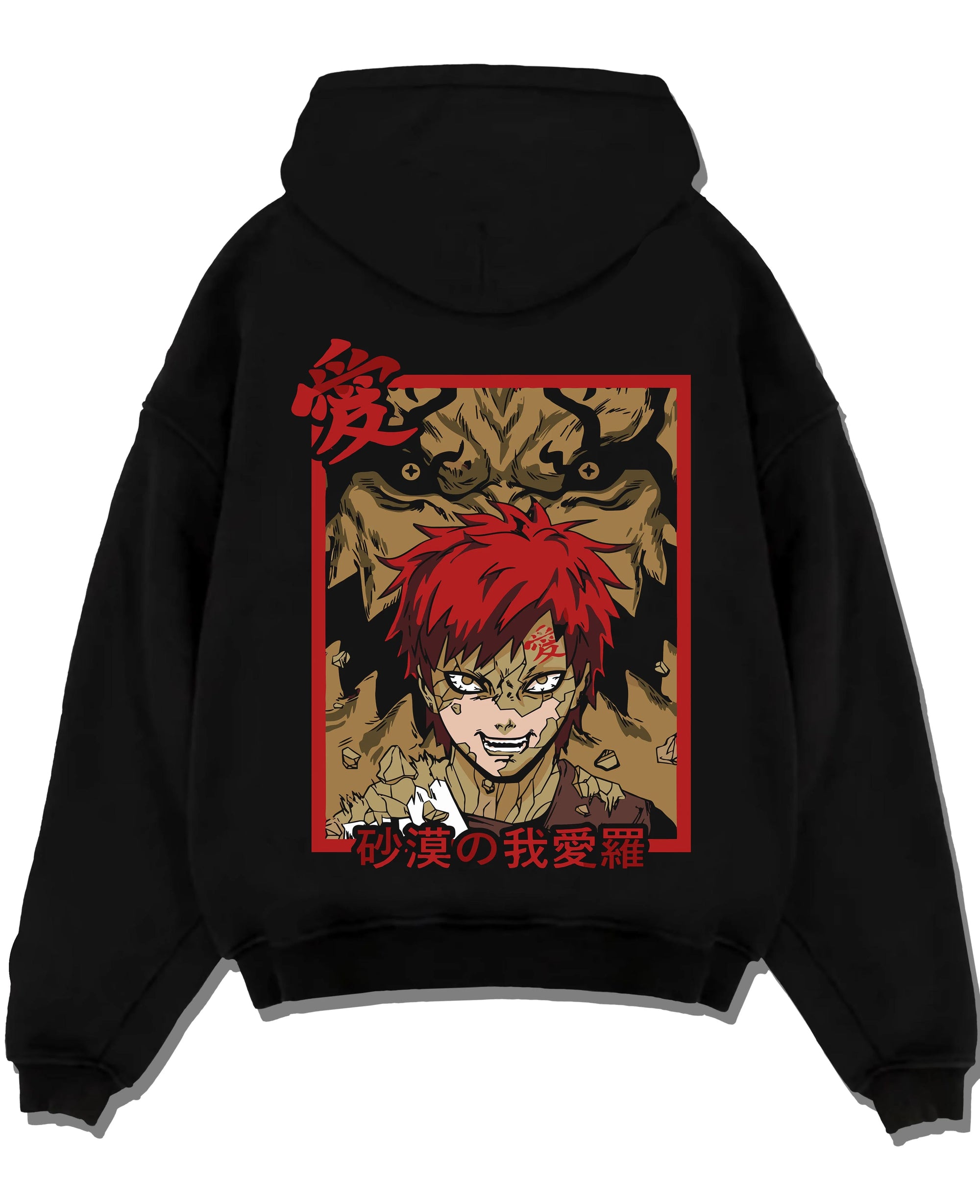 Black pullover hoodie laid flat with Naruto Hoodie Gaara Sand Beast Transformation Jumper graphic premium wear.
