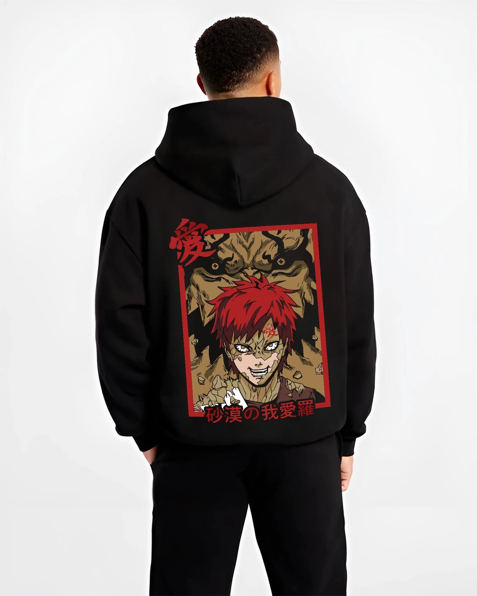 Black hoodie worn by male model, back view with Naruto Hoodie Gaara Sand Beast Transformation Jumper graphic Gaara anime design.