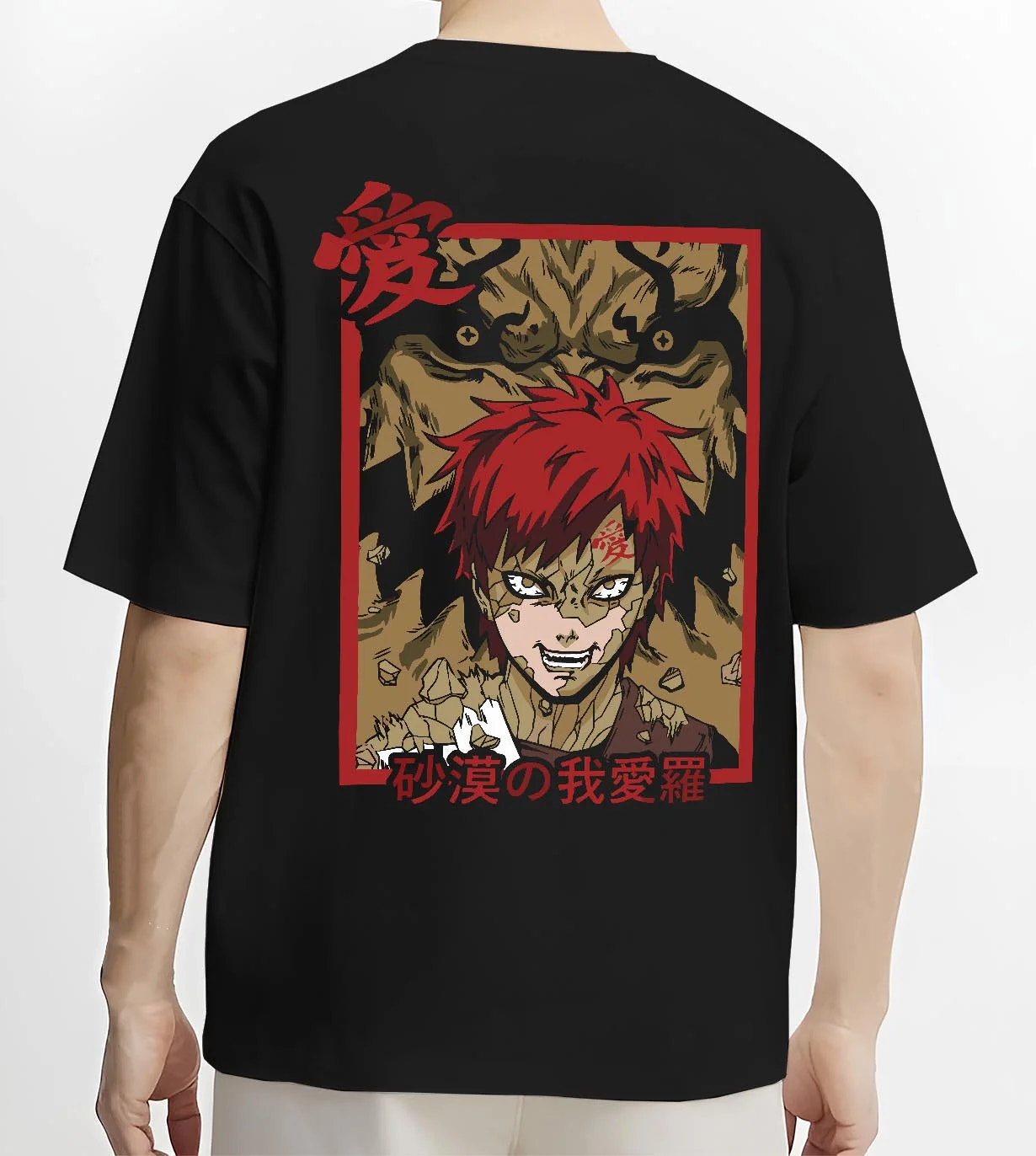 Black T-shirt worn by male model, back view with Naruto Hoodie Gaara Sand Beast Transformation Jumper graphic bold anime graphic.