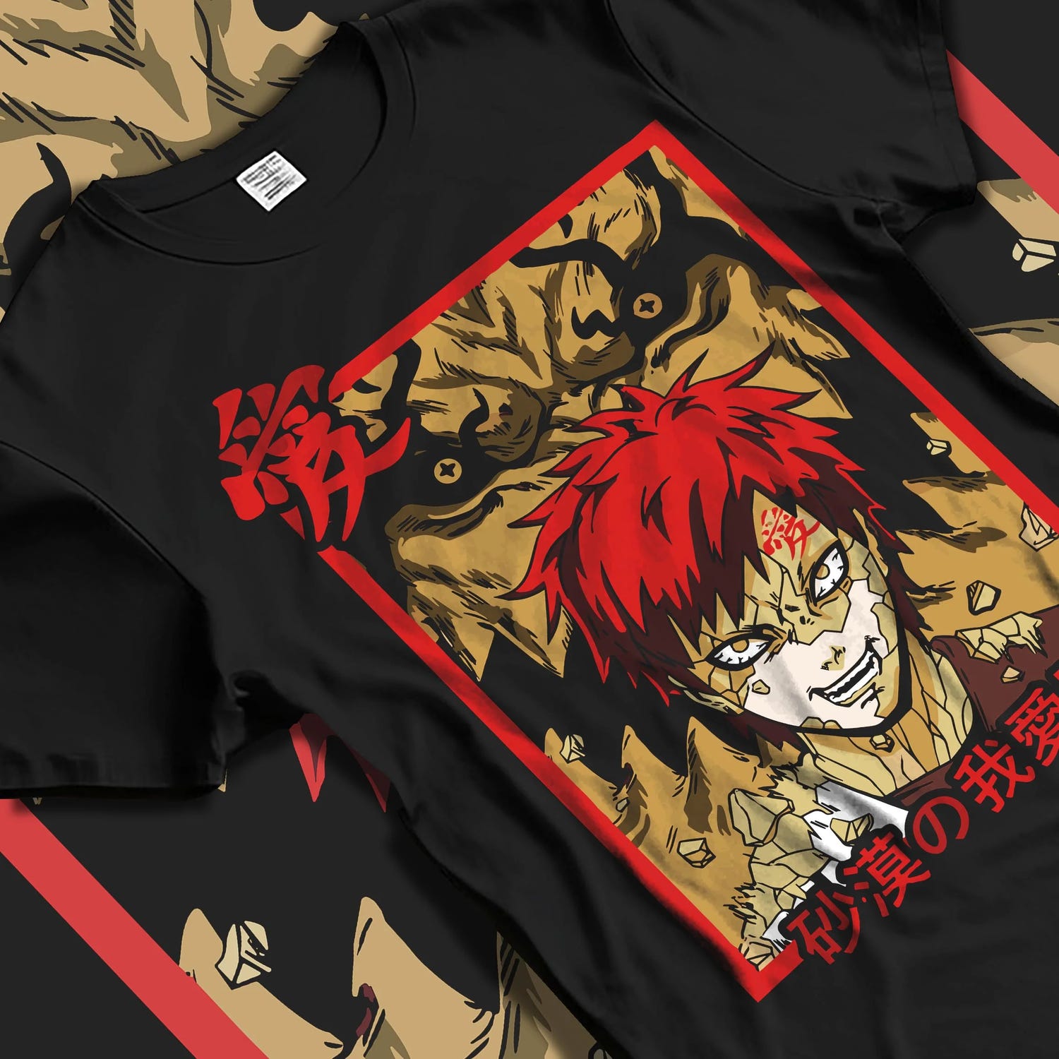 Black T-shirt laid flat with natural folds with Naruto Hoodie Gaara Sand Beast Transformation Jumper graphic Gaara anime design.