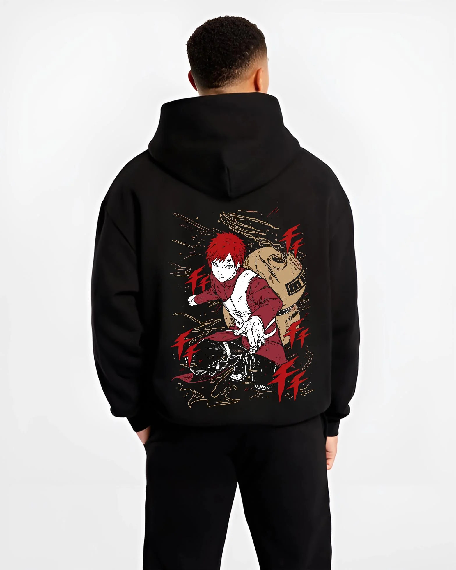 Black hoodie worn by male model, back view with Gaara Hoodie Naruto Red Sand Shinobi Desert Power graphic bold anime graphic.
