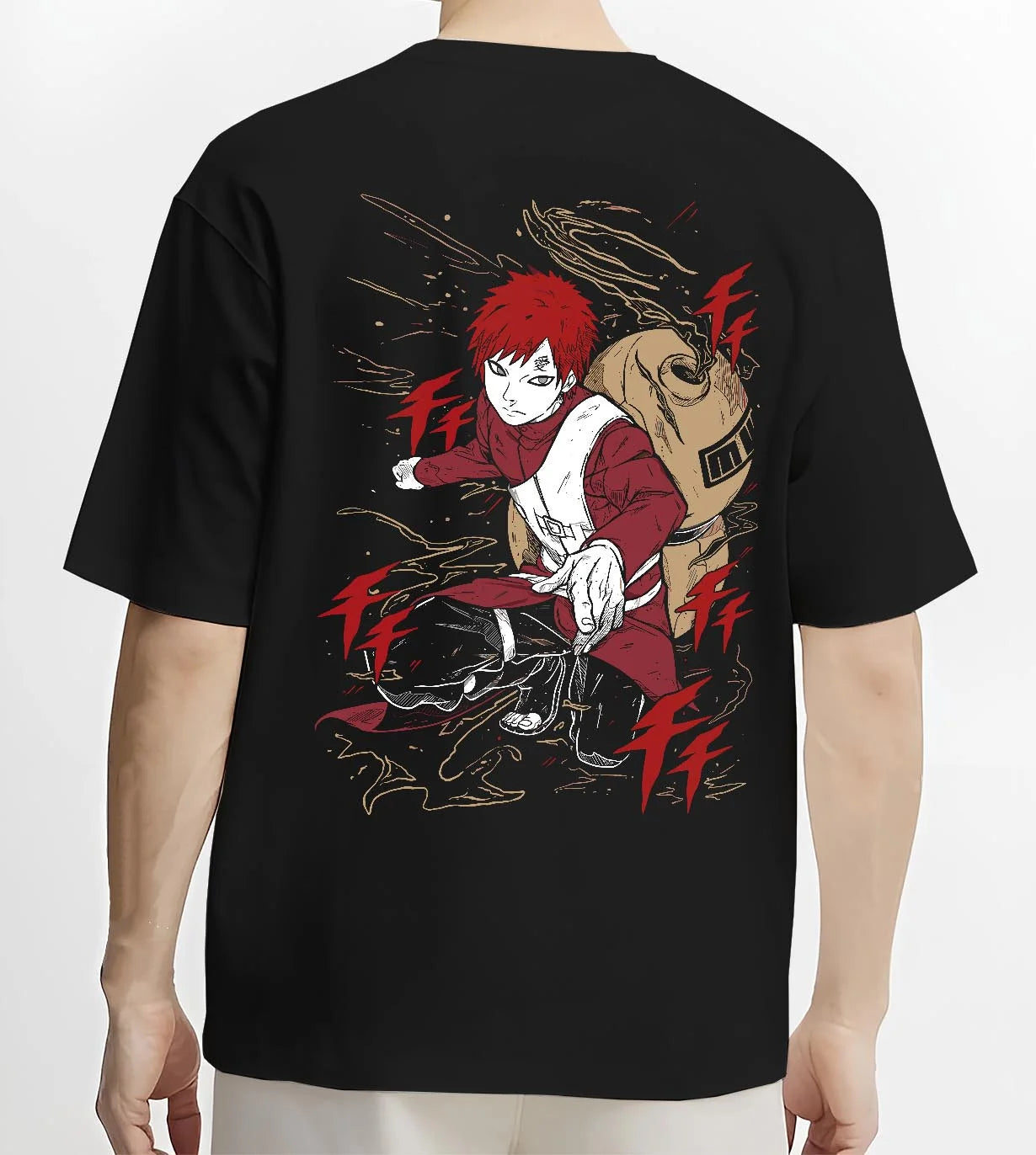 Black T-shirt worn by male model, back view with Gaara Hoodie Naruto Red Sand Shinobi Desert Power graphic streetwear graphic.