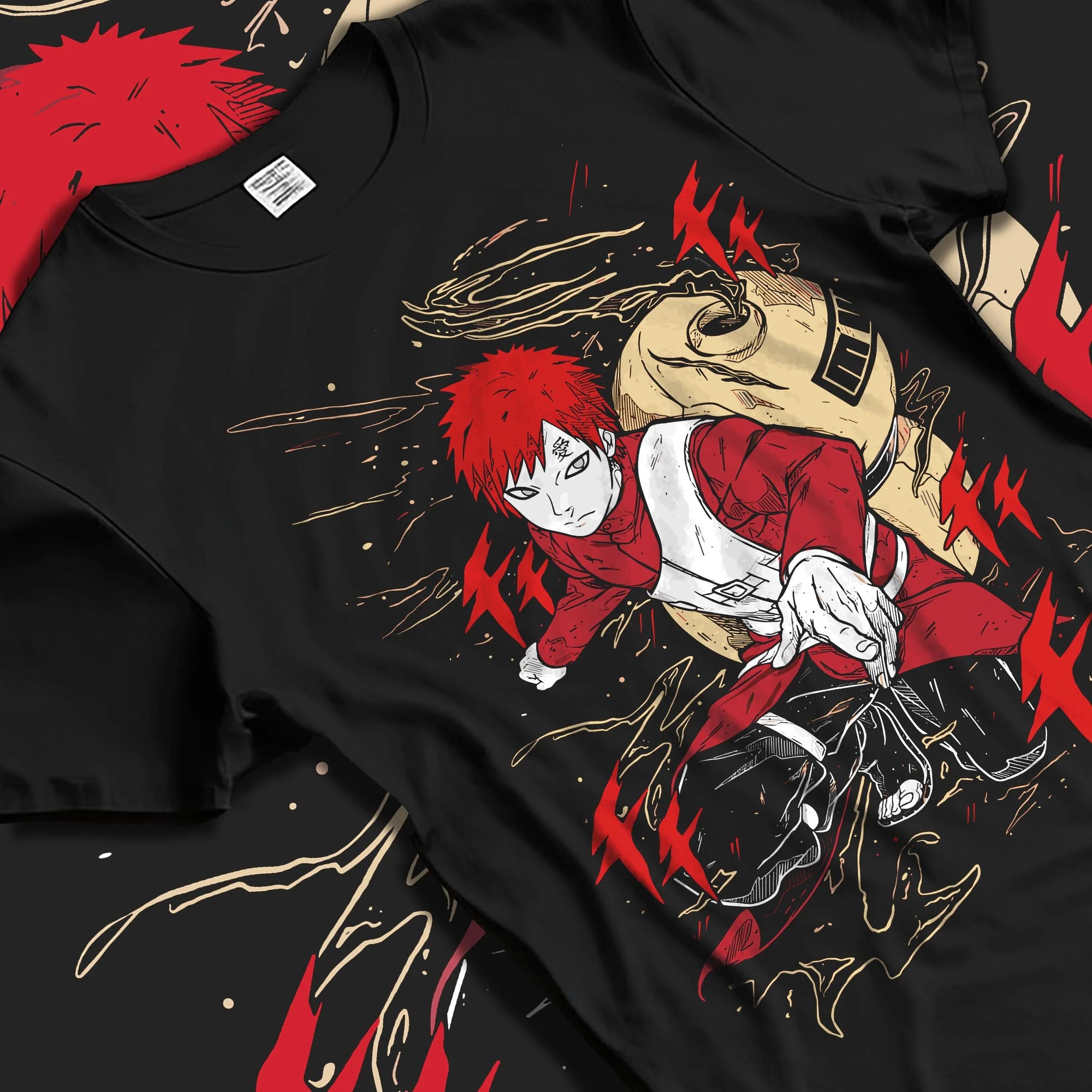 Black T-shirt laid flat with natural folds with Gaara Hoodie Naruto Red Sand Shinobi Desert Power graphic premium wear.