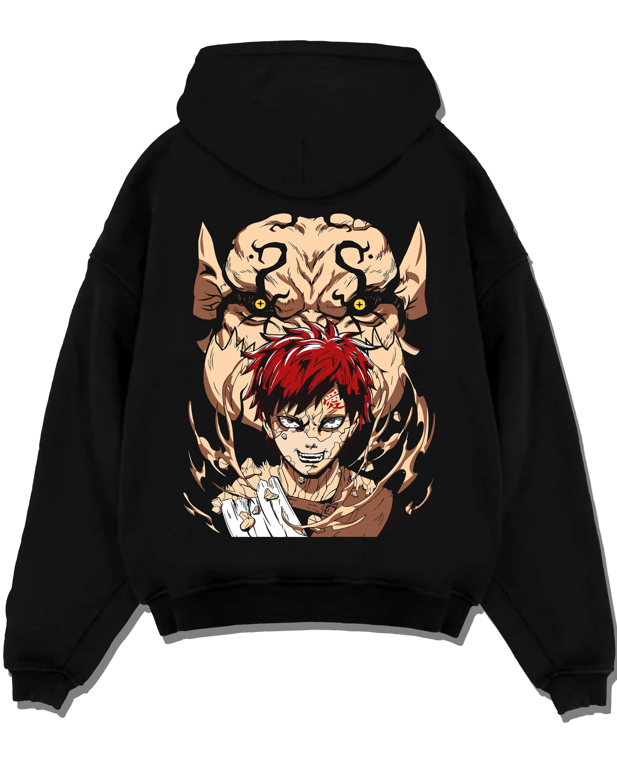 Black pullover hoodie laid flat with Naruto Hoodie Gaara Sand Love Symbol Anime Jumper graphic streetwear graphic.