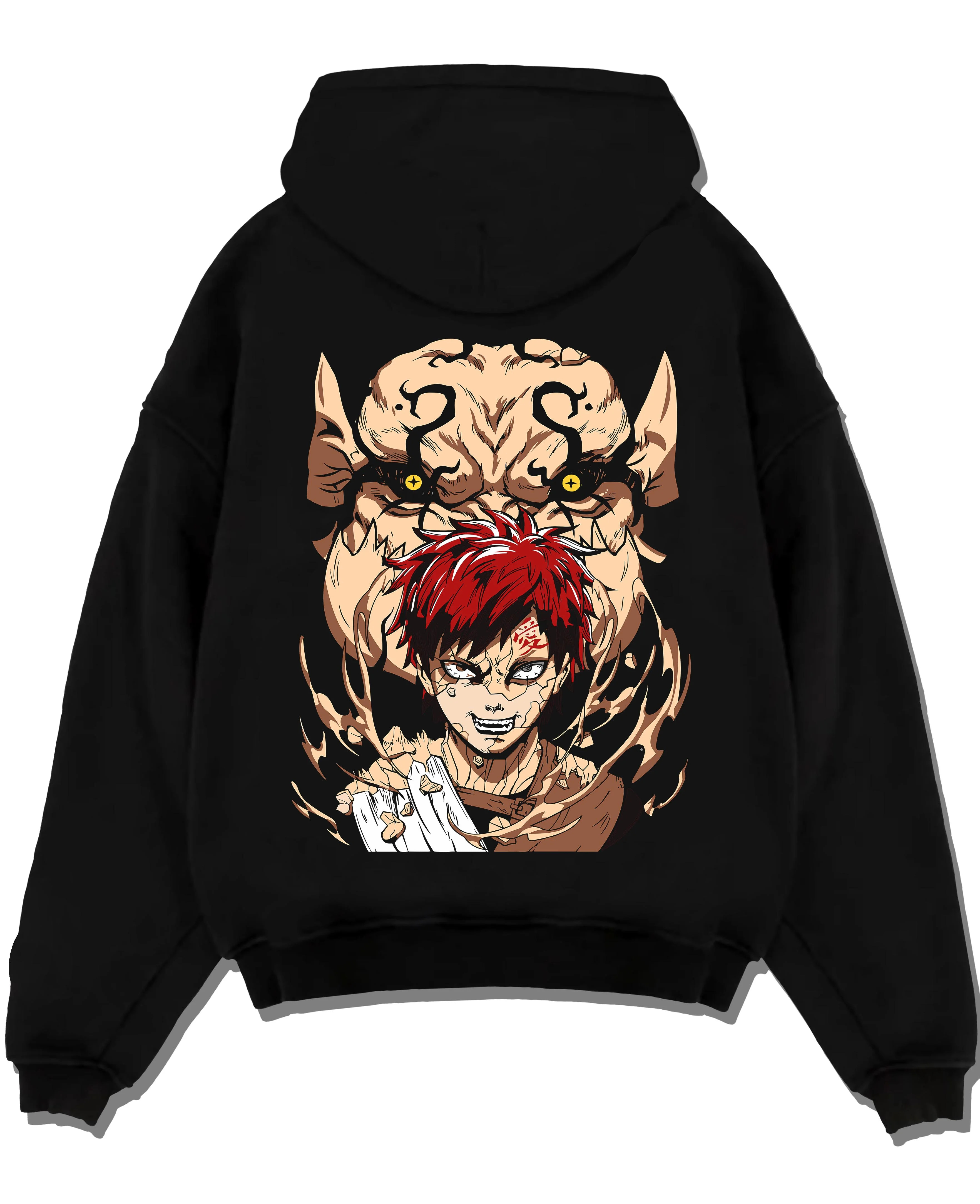 Black pullover hoodie laid flat with Naruto Hoodie Gaara Sand Love Symbol Anime Jumper graphic streetwear graphic.