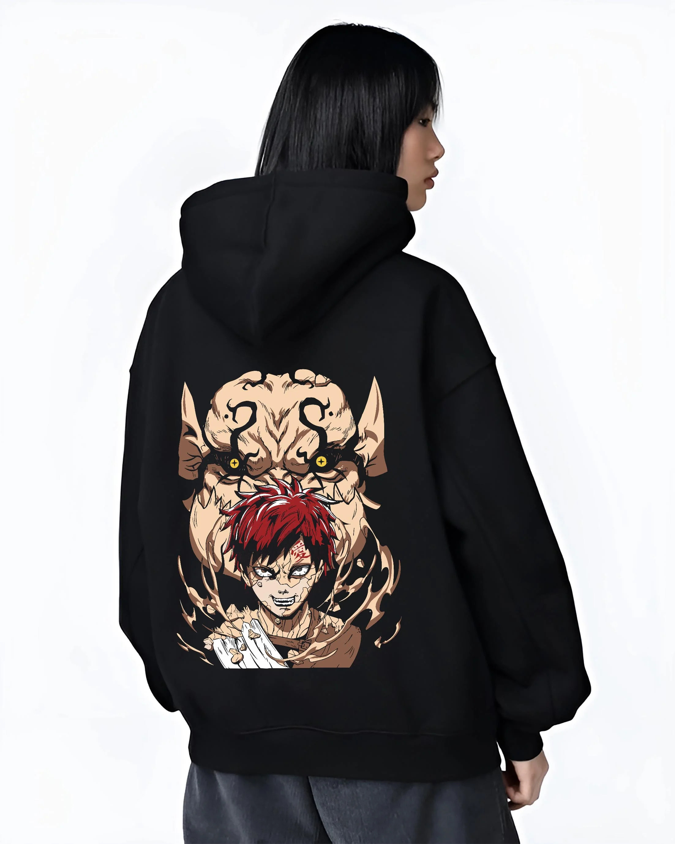 Black hoodie worn by female model, back view with Naruto Hoodie Gaara Sand Love Symbol Anime Jumper graphic Gaara anime design.