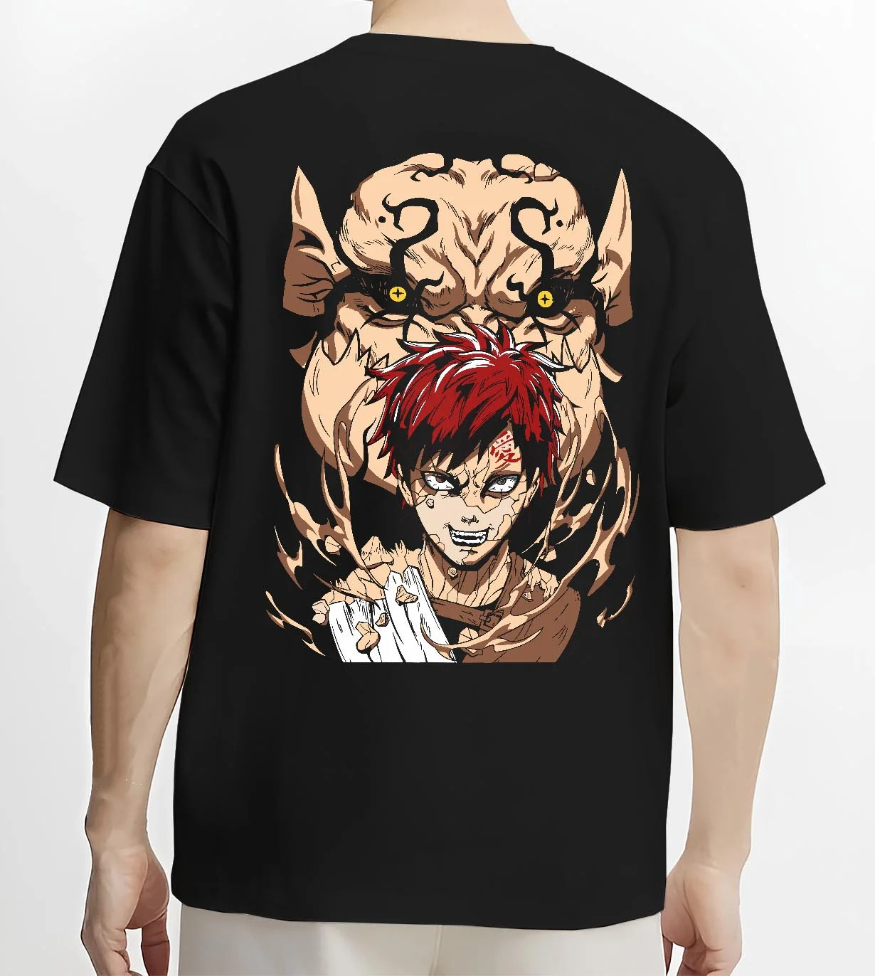 Black T-shirt worn by male model, back view with Naruto Hoodie Gaara Sand Love Symbol Anime Jumper graphic Gaara anime design.