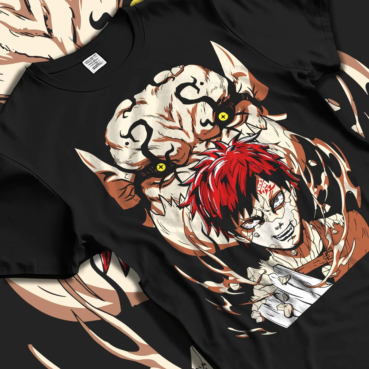 Black T-shirt laid flat with natural folds with Naruto Hoodie Gaara Sand Love Symbol Anime Jumper graphic premium wear.