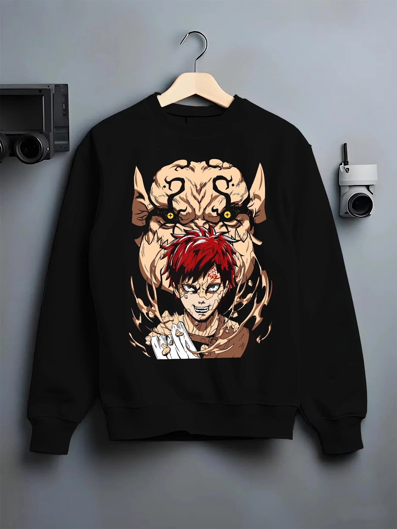 Black crewneck sweatshirt on hanger with Naruto Hoodie Gaara Sand Love Symbol Anime Jumper graphic streetwear graphic.