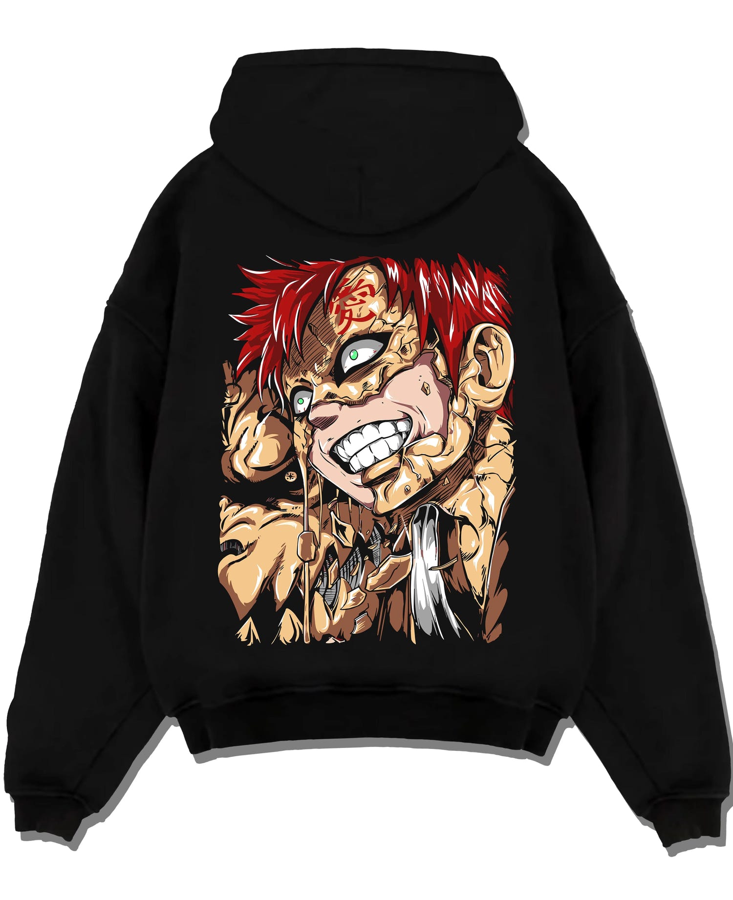 Black pullover hoodie laid flat with Naruto Hoodie Gaara Sand Fury Rampage Jumper graphic premium wear.