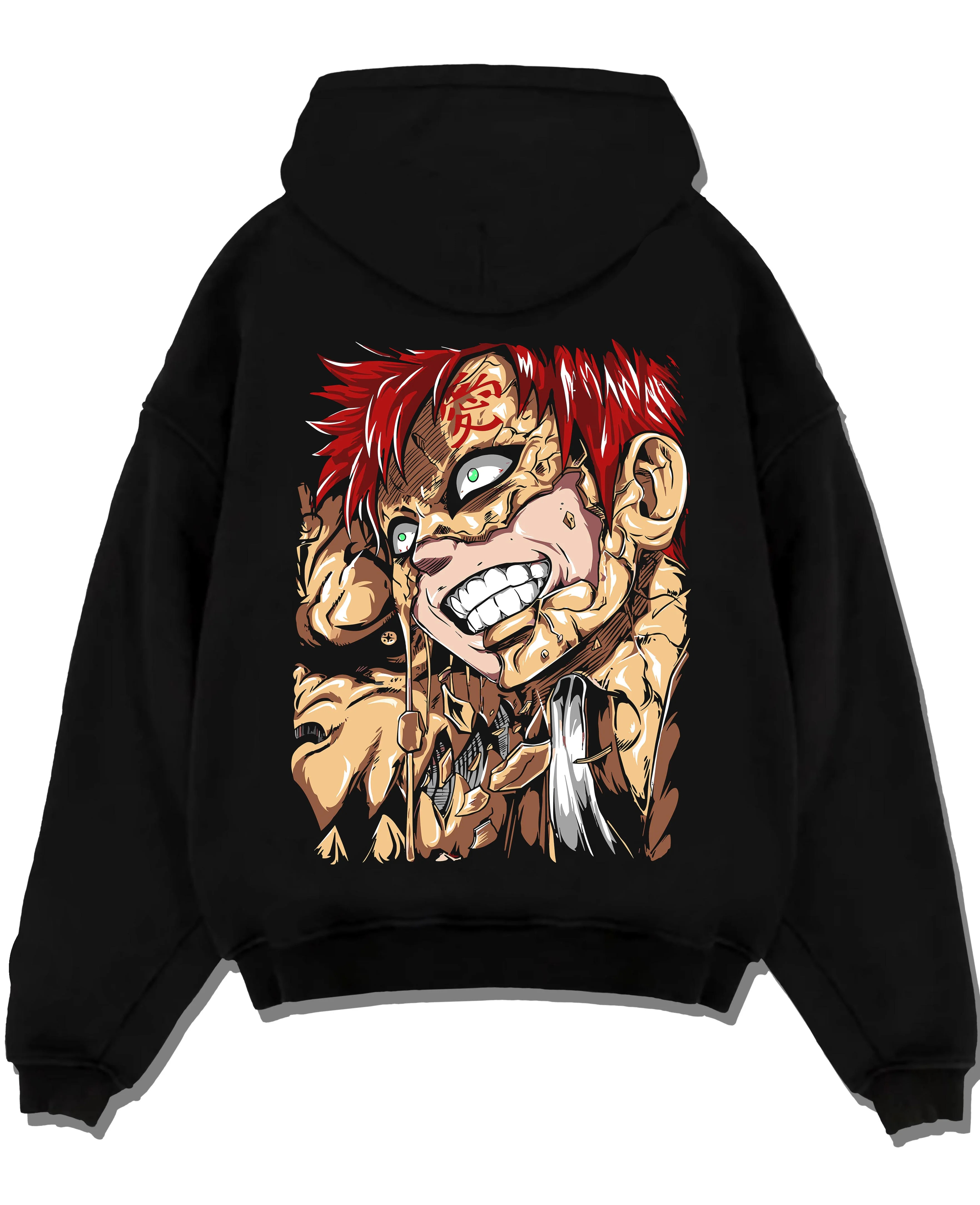 Black pullover hoodie laid flat with Naruto Hoodie Gaara Sand Fury Rampage Jumper graphic premium wear.