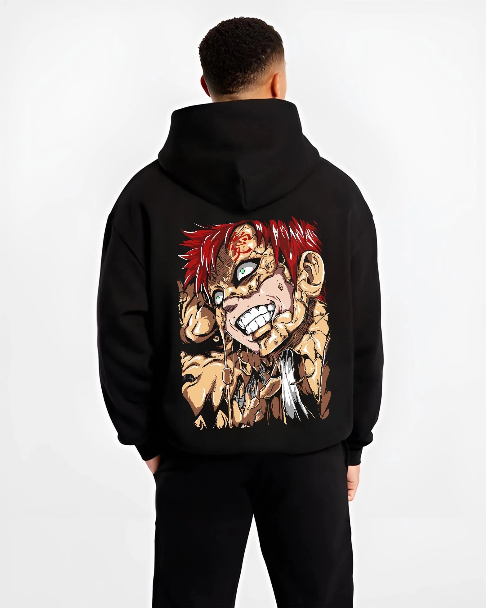 Black hoodie worn by male model, back view with Naruto Hoodie Gaara Sand Fury Rampage Jumper graphic premium wear.