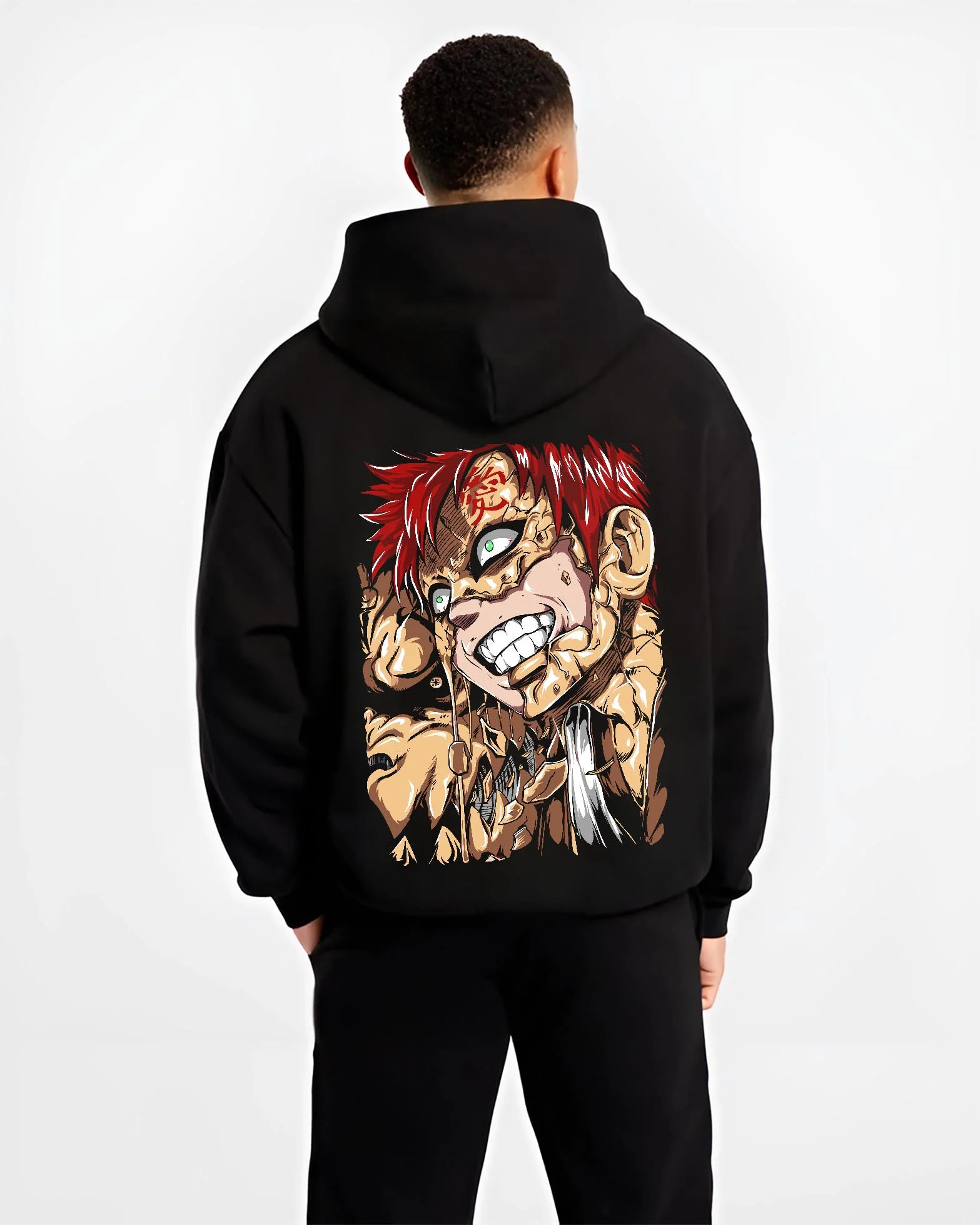 Black hoodie worn by male model, back view with Naruto Hoodie Gaara Sand Fury Rampage Jumper graphic premium wear.
