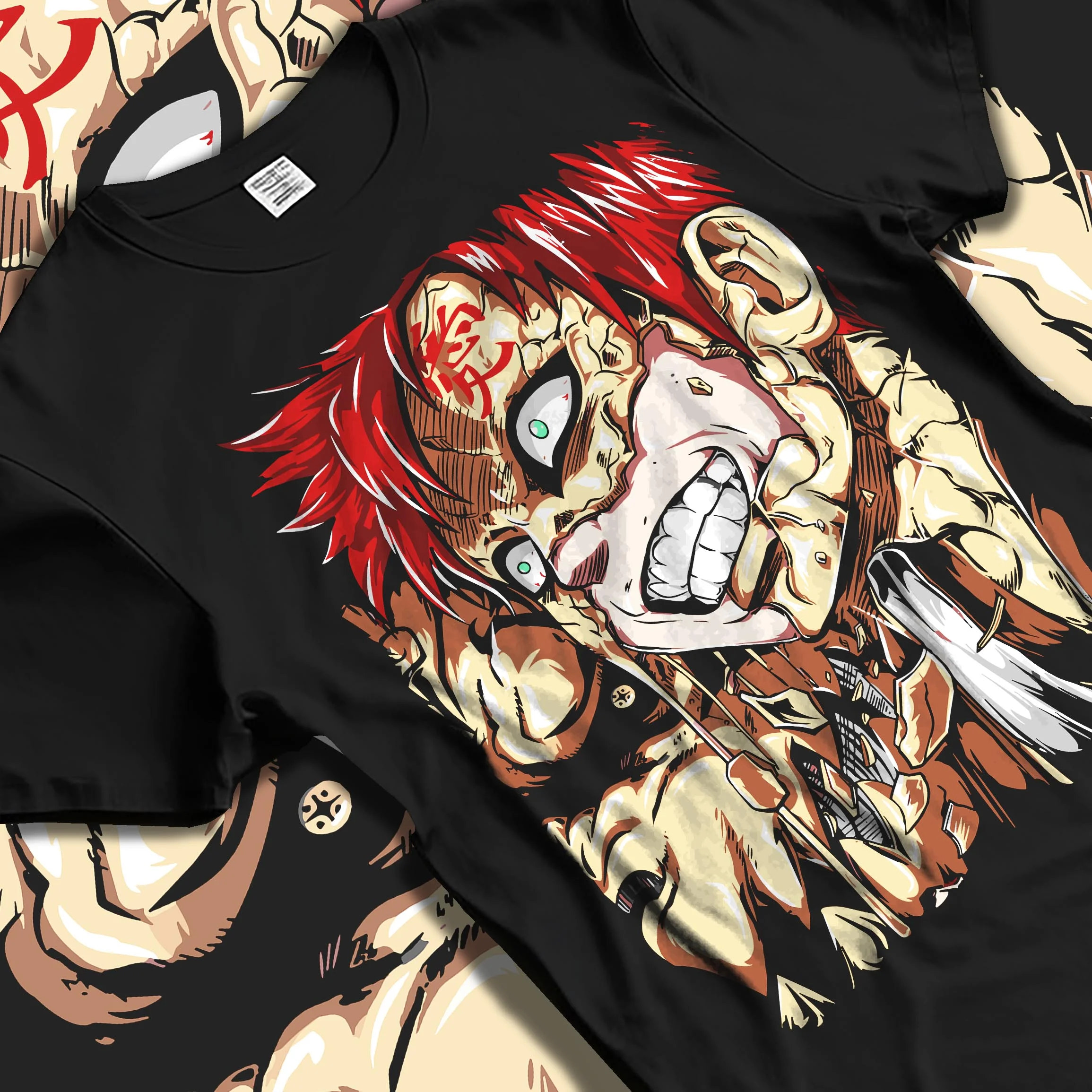Black T-shirt laid flat with natural folds with Naruto Hoodie Gaara Sand Fury Rampage Jumper graphic bold anime graphic.