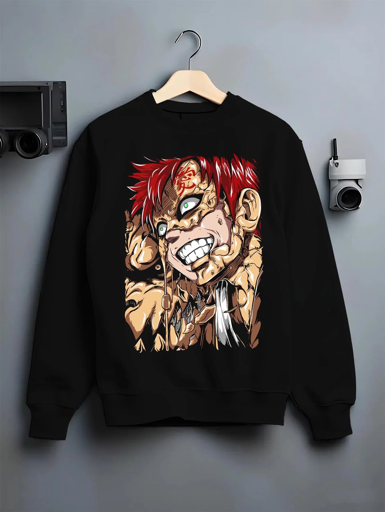 Black crewneck sweatshirt on hanger with Naruto Hoodie Gaara Sand Fury Rampage Jumper graphic Gaara anime design.