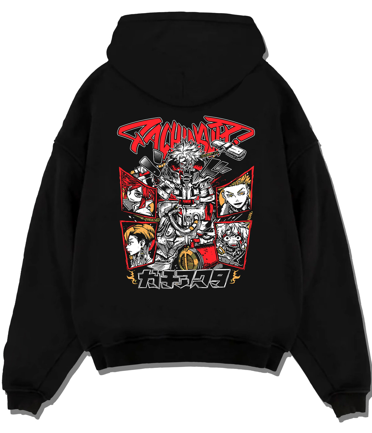 Black hoodie flat back view showing Gachiakuta: cast combat collage