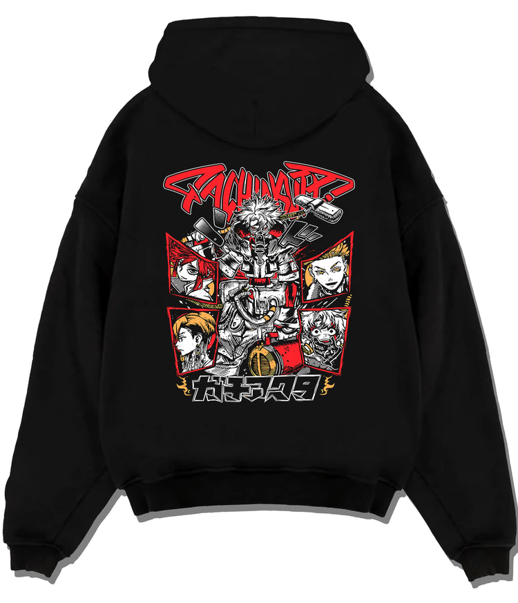 Black hoodie flat back view showing Gachiakuta: cast combat collage
