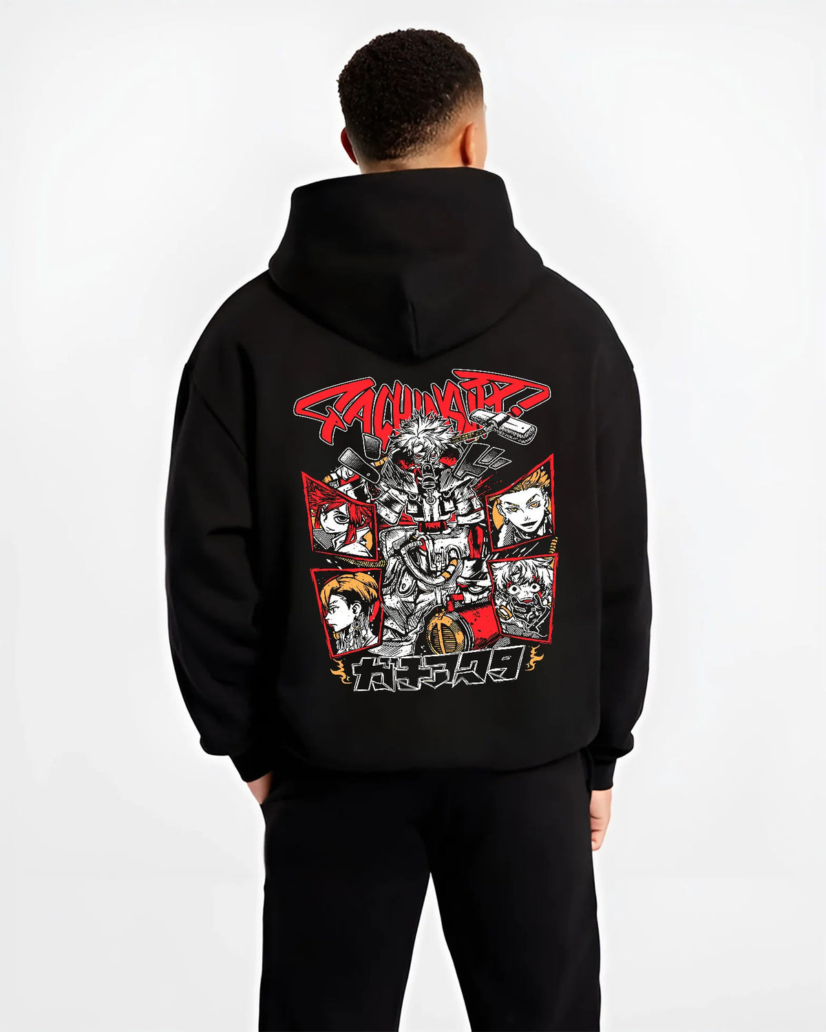 Black hoodie model back view showing Gachiakuta: cast combat collage