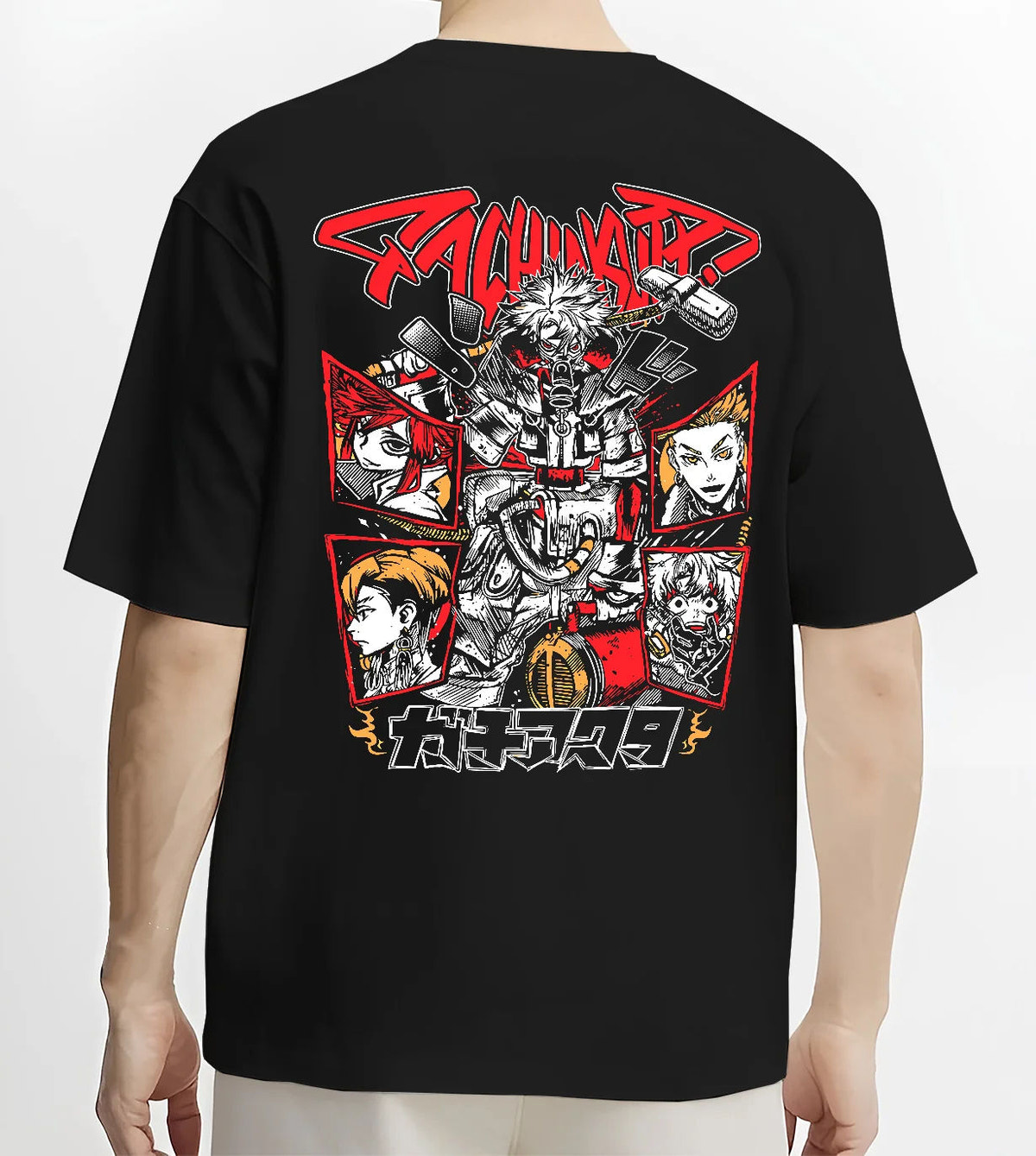 Black T-shirt model back view showing Gachiakuta: cast combat collage